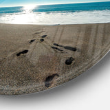 Blue Sea and Footprints in Sand Large Seascape Art Metal Circle Wall Art