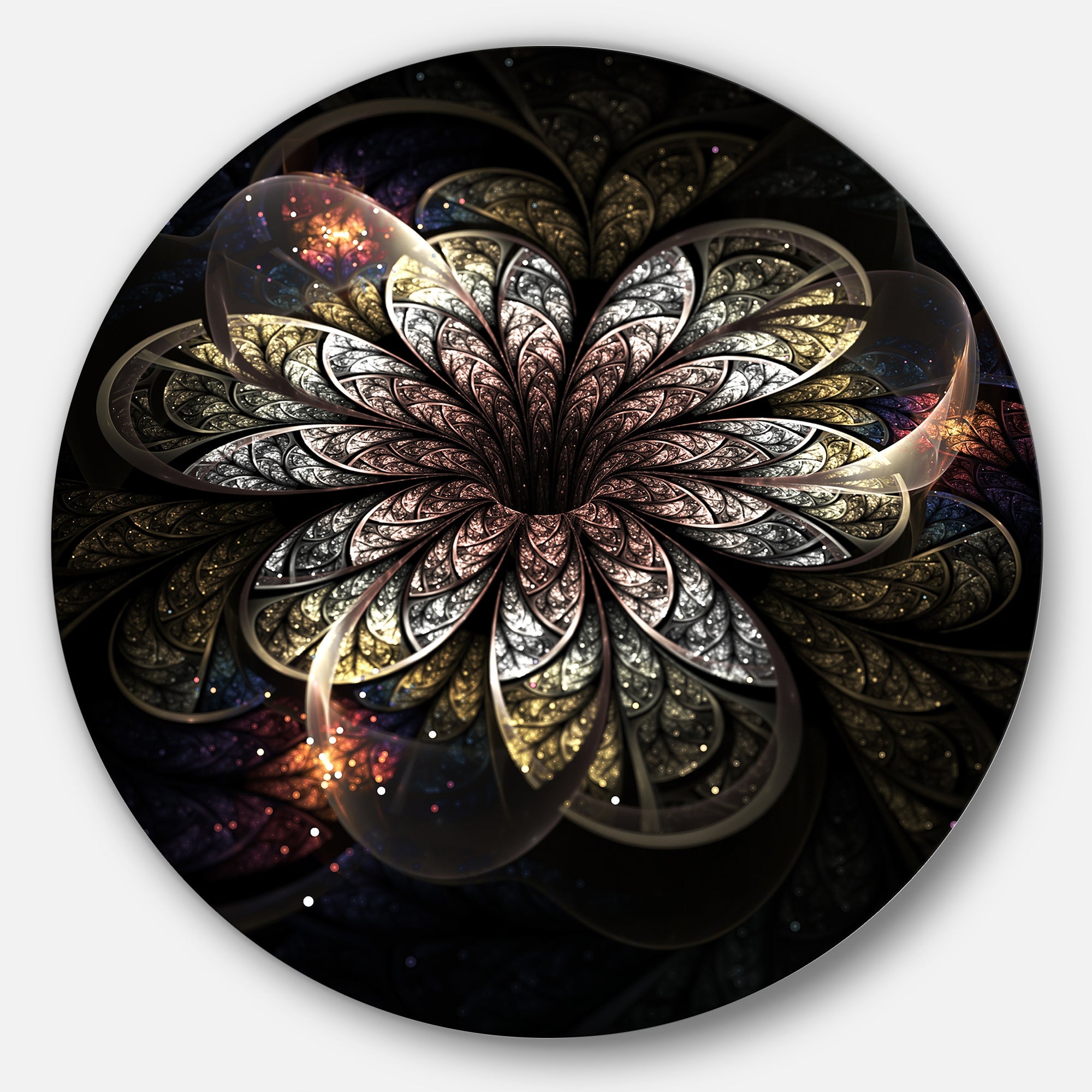 Rounded Glowing Golden Fractal Flower Floral Metal Circle Wall Art