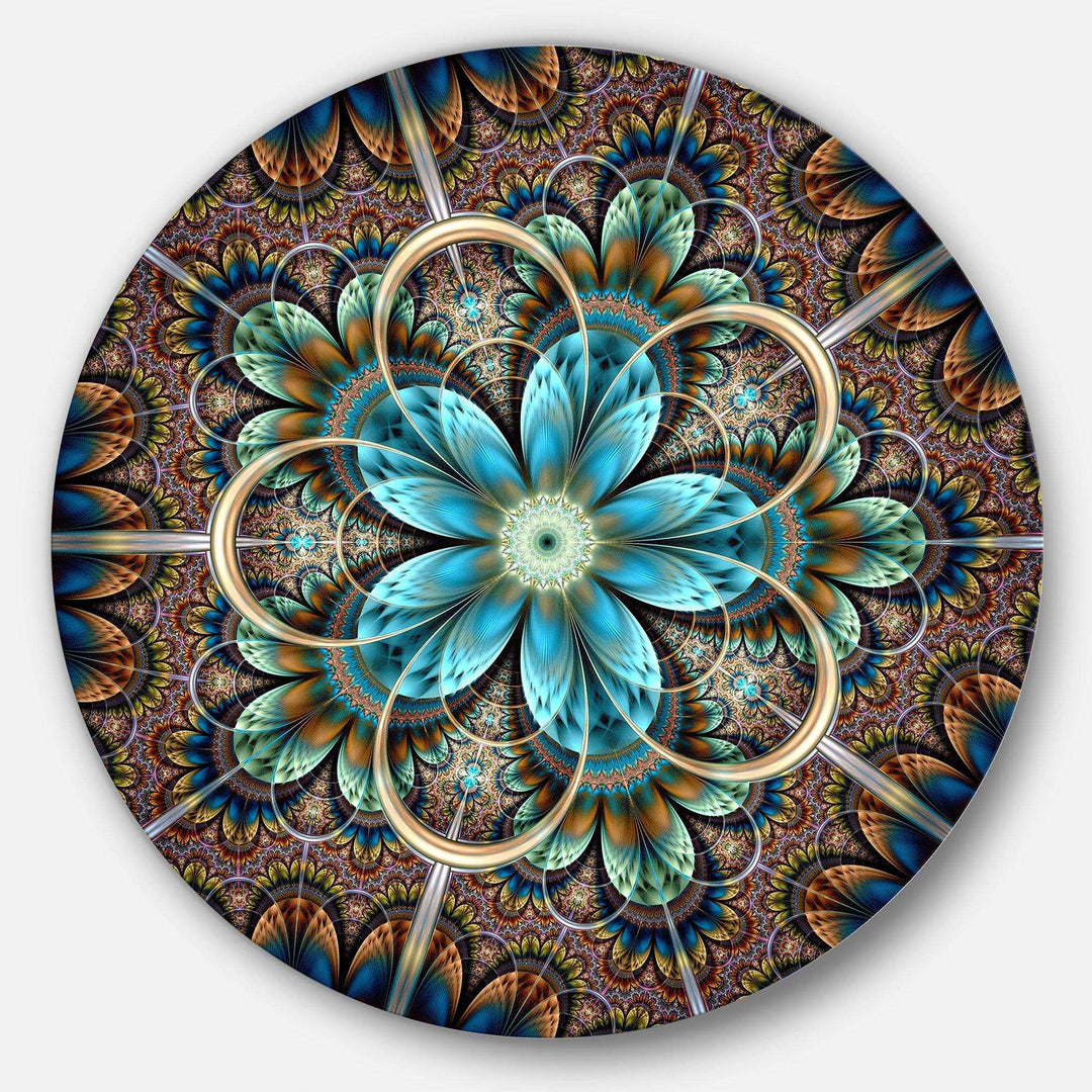 Large Brown Blue Fractal Flower - Floral Large Metal Circle Wall Art