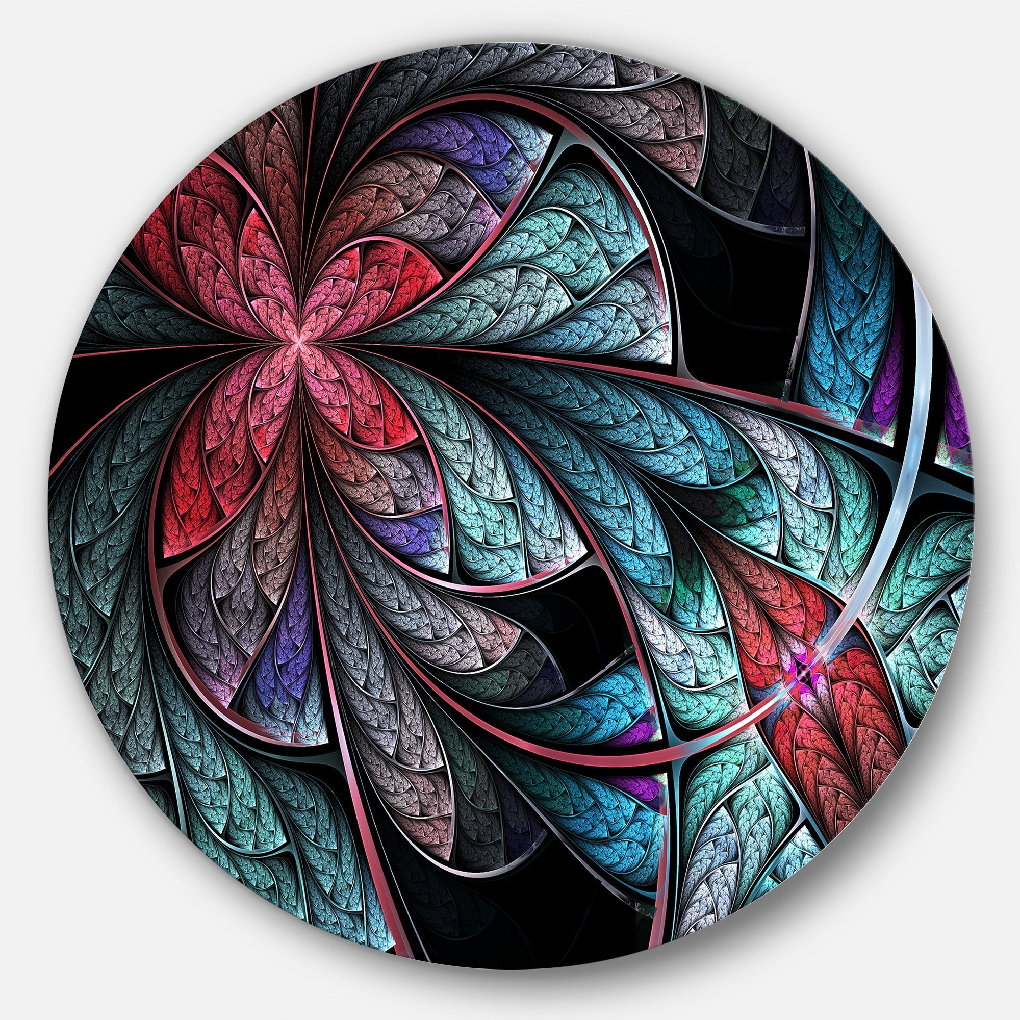 Turquoise and Red Fractal Flower Pattern Floral Metal Circle Wall Art