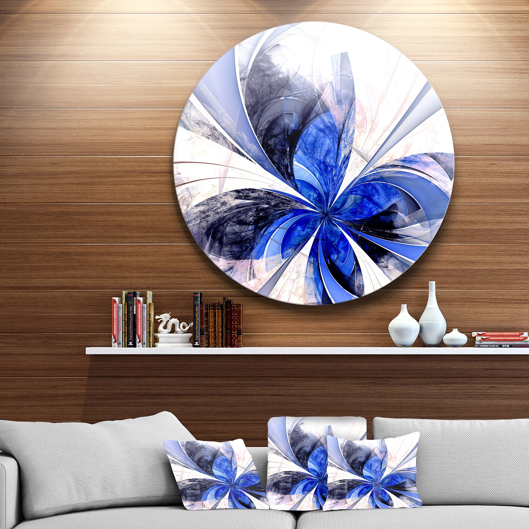 Symmetrical Bright Blue Fractal Flower Floral Metal Circle Wall Art