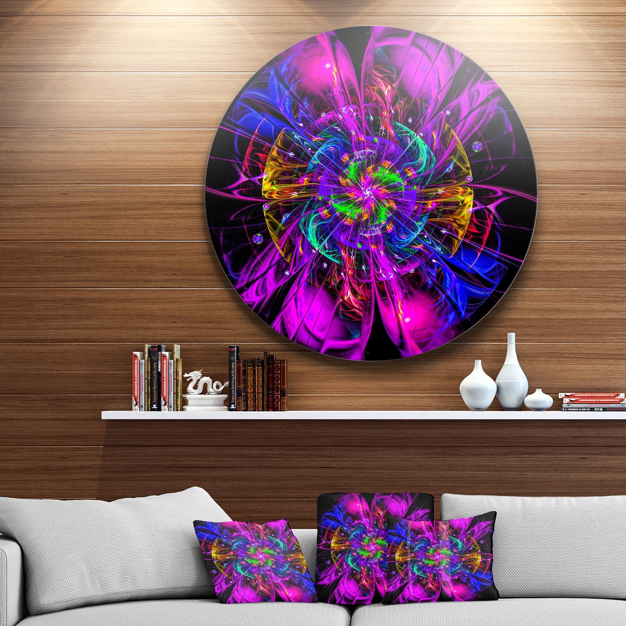 Ideal Fractal Flower Digital Art in Purple Floral Metal Circle Wall Art