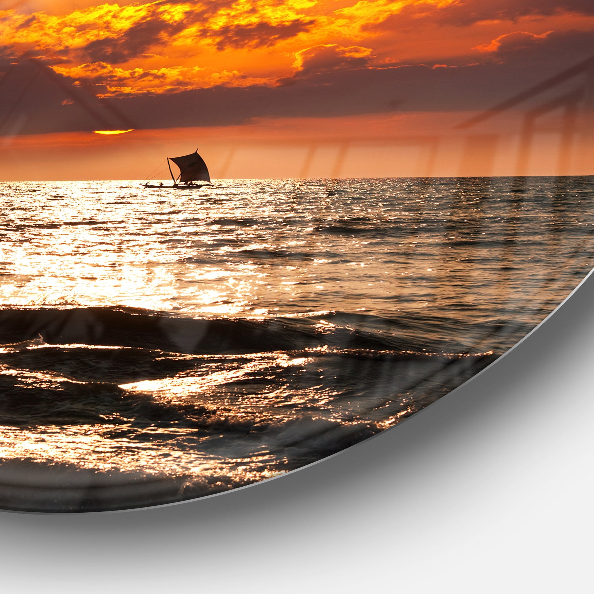 Sunset Beach with Distant Sail Boat Seashore Oversized Metal Circle Wall Art