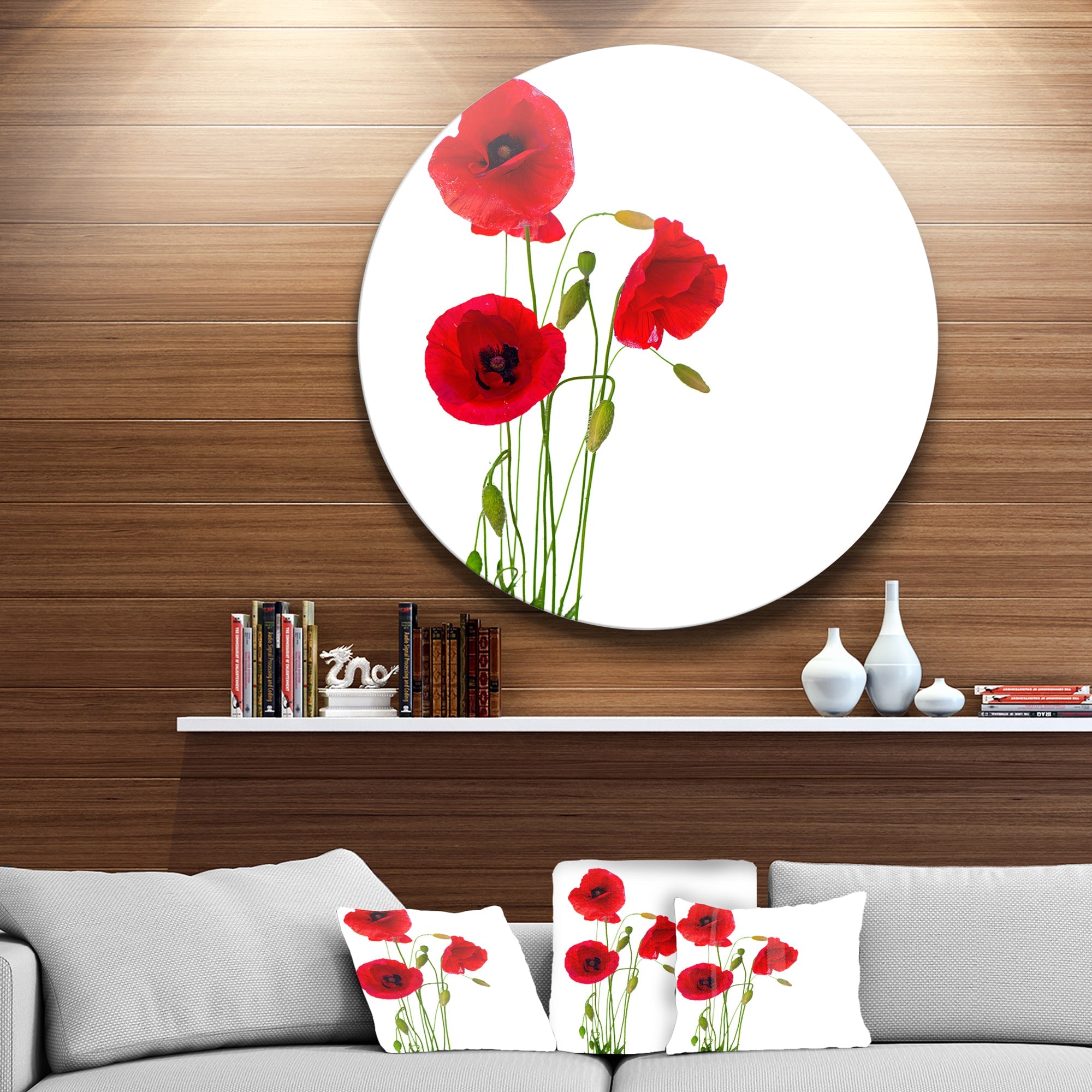 Isolated Red Poppy Flowers Floral Metal Circle Wall Art