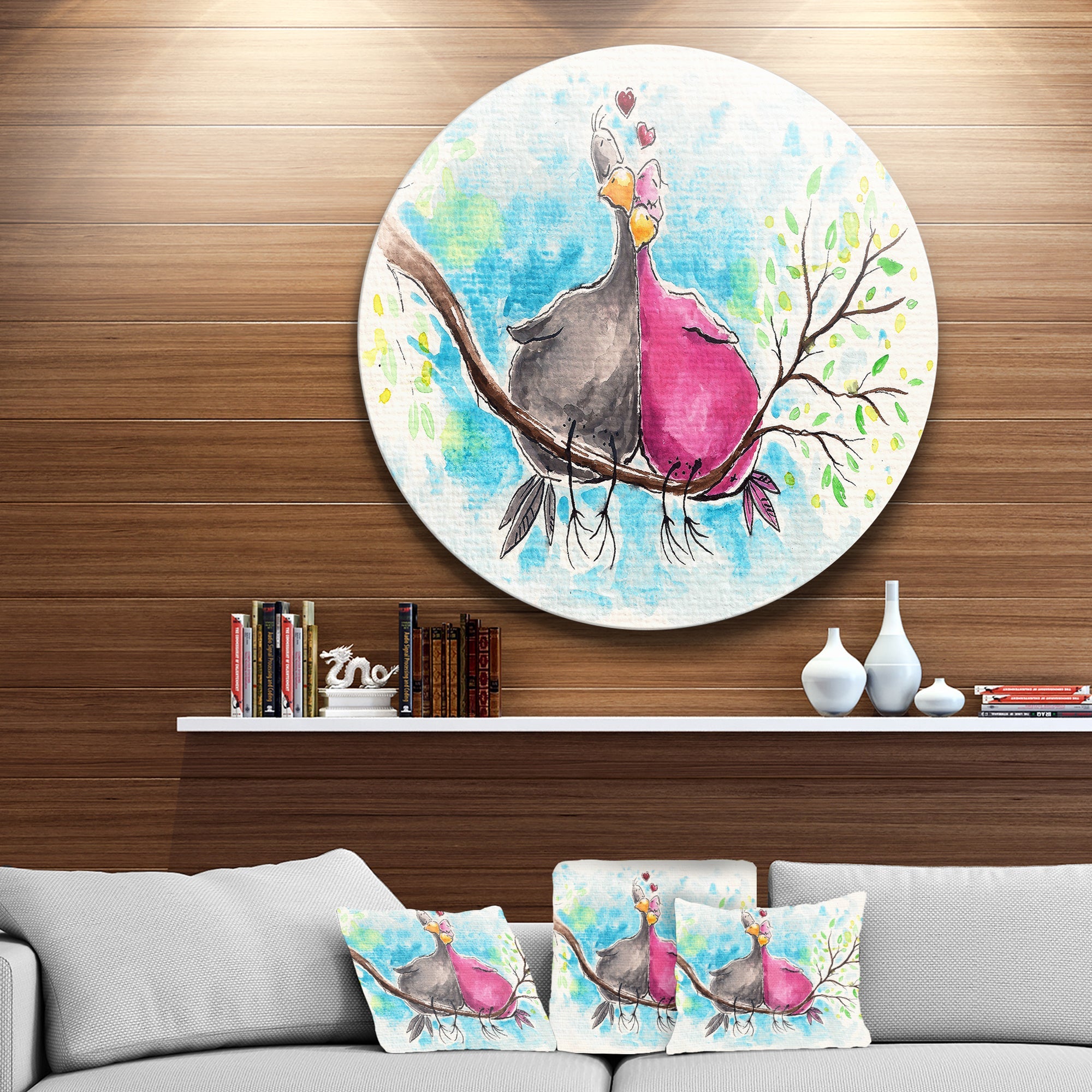 Two Birds in Love on Branch Ultra Vibrant Abstract Metal Circle Wall Art