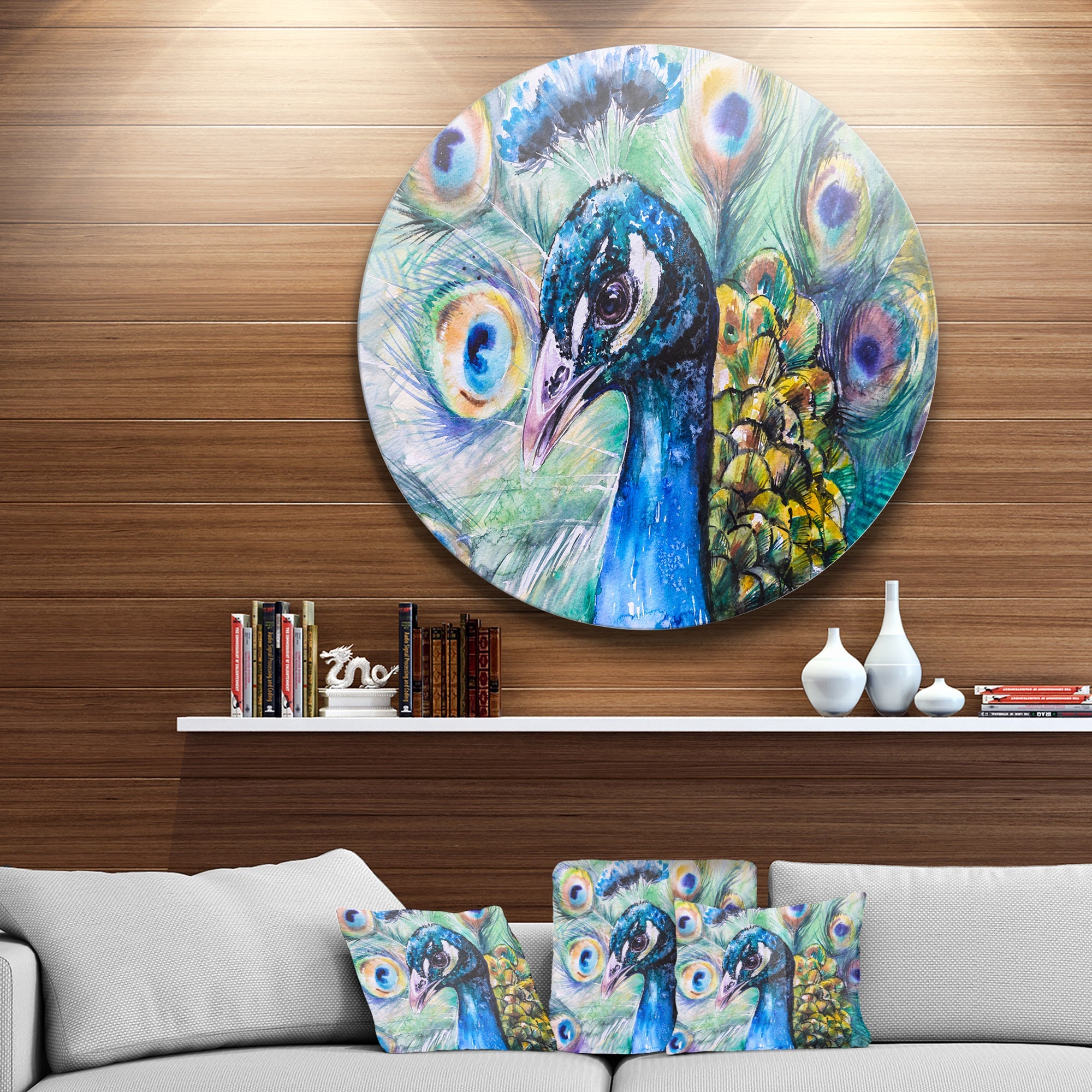 Beautiful Peacock Watercolor Ultra Vibrant Abstract Metal Circle Wall Art