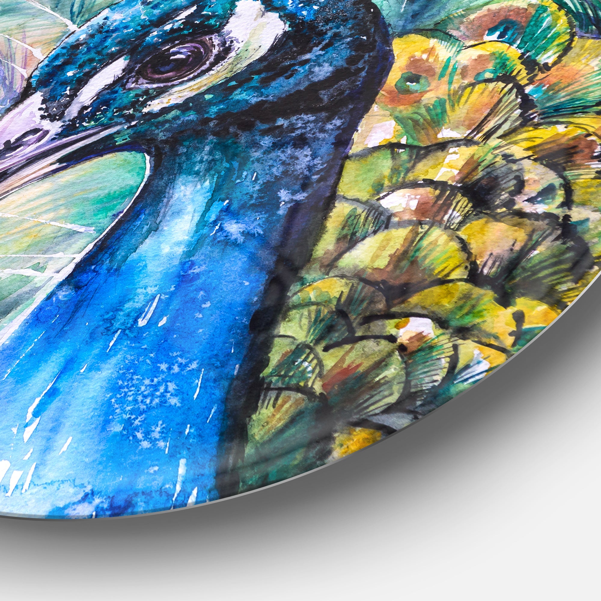Beautiful Peacock Watercolor Ultra Vibrant Abstract Metal Circle Wall Art