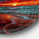 Red Sunset over Blue Waters Ultra Vibrant Seascape Metal Circle Wall Art