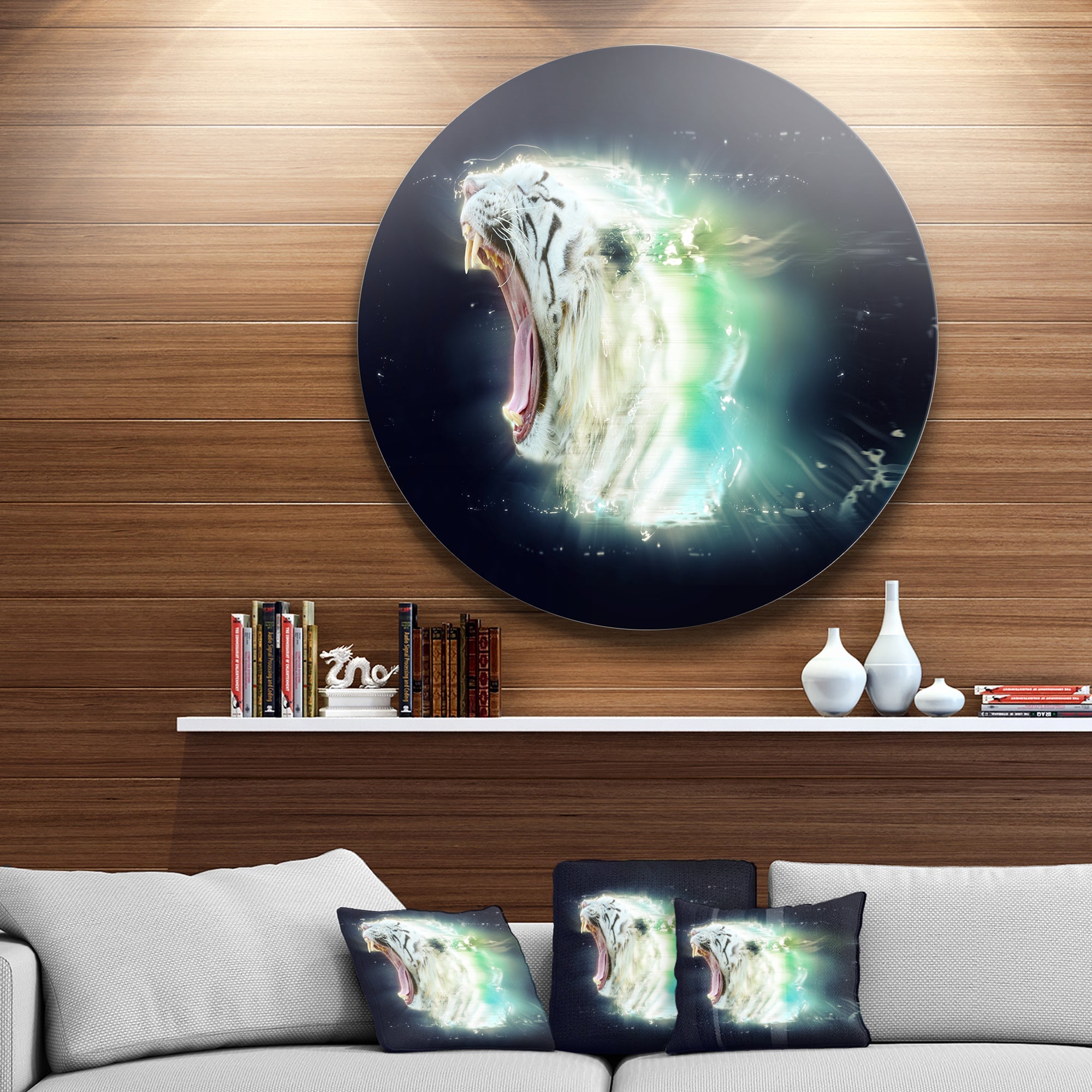 White Tiger with Open Jaws Ultra Glossy Animal Oversized Metal Circle Wall Art