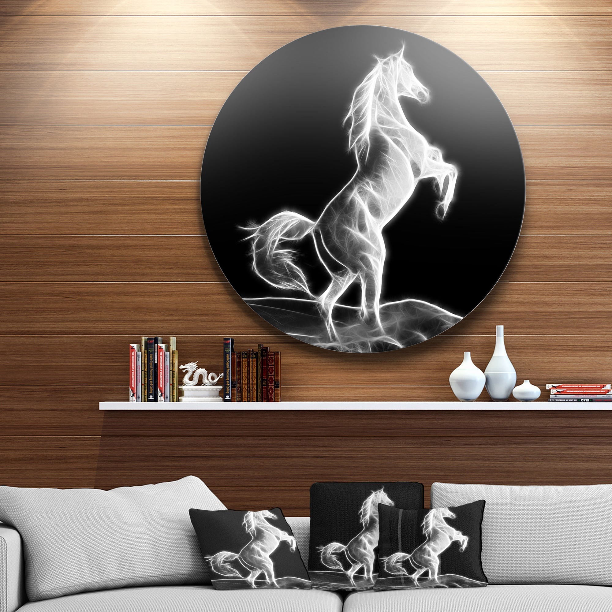 Large White Horse Sculpture Ultra Glossy Animal Oversized Metal Circle Wall Art