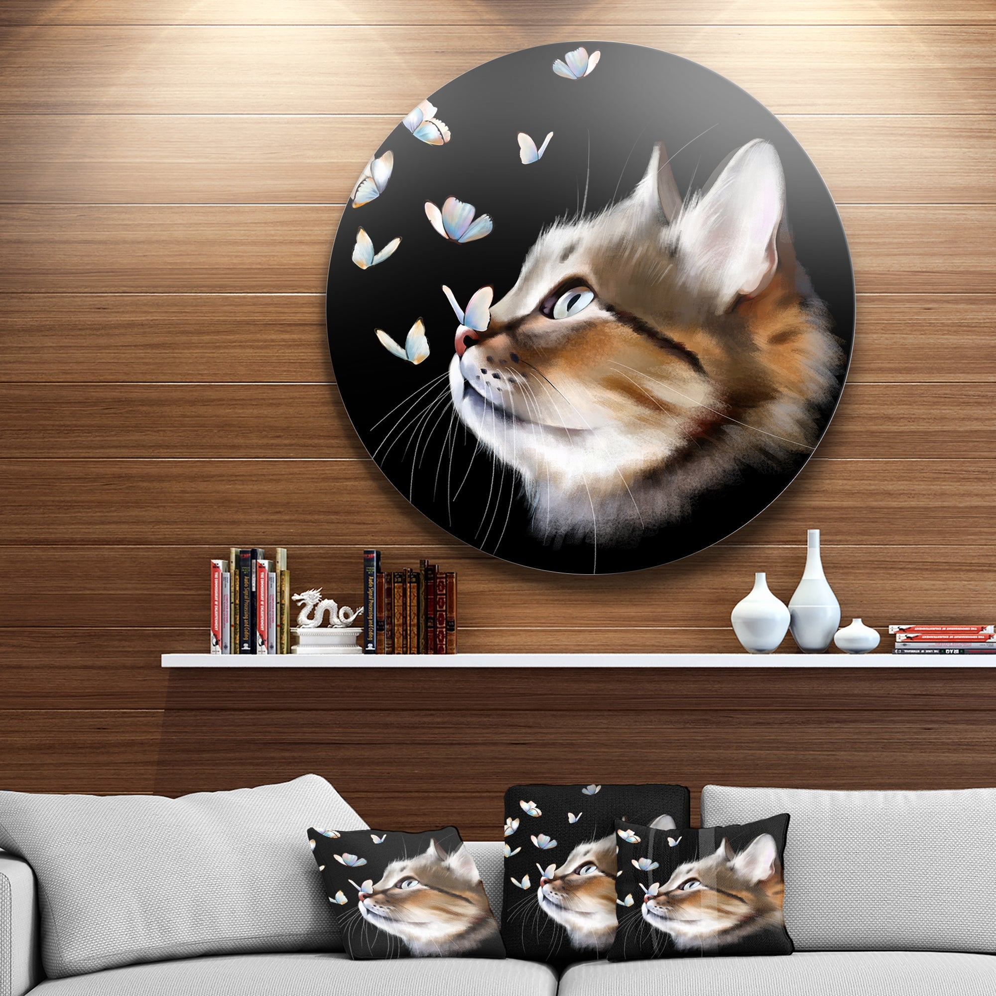 Cat with Butterflies on Black Animal Metal Round Wall Decor