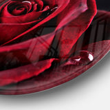 Red Rose with Raindrops on Black Disc Flowers Large Metal Circle Wall Artwork