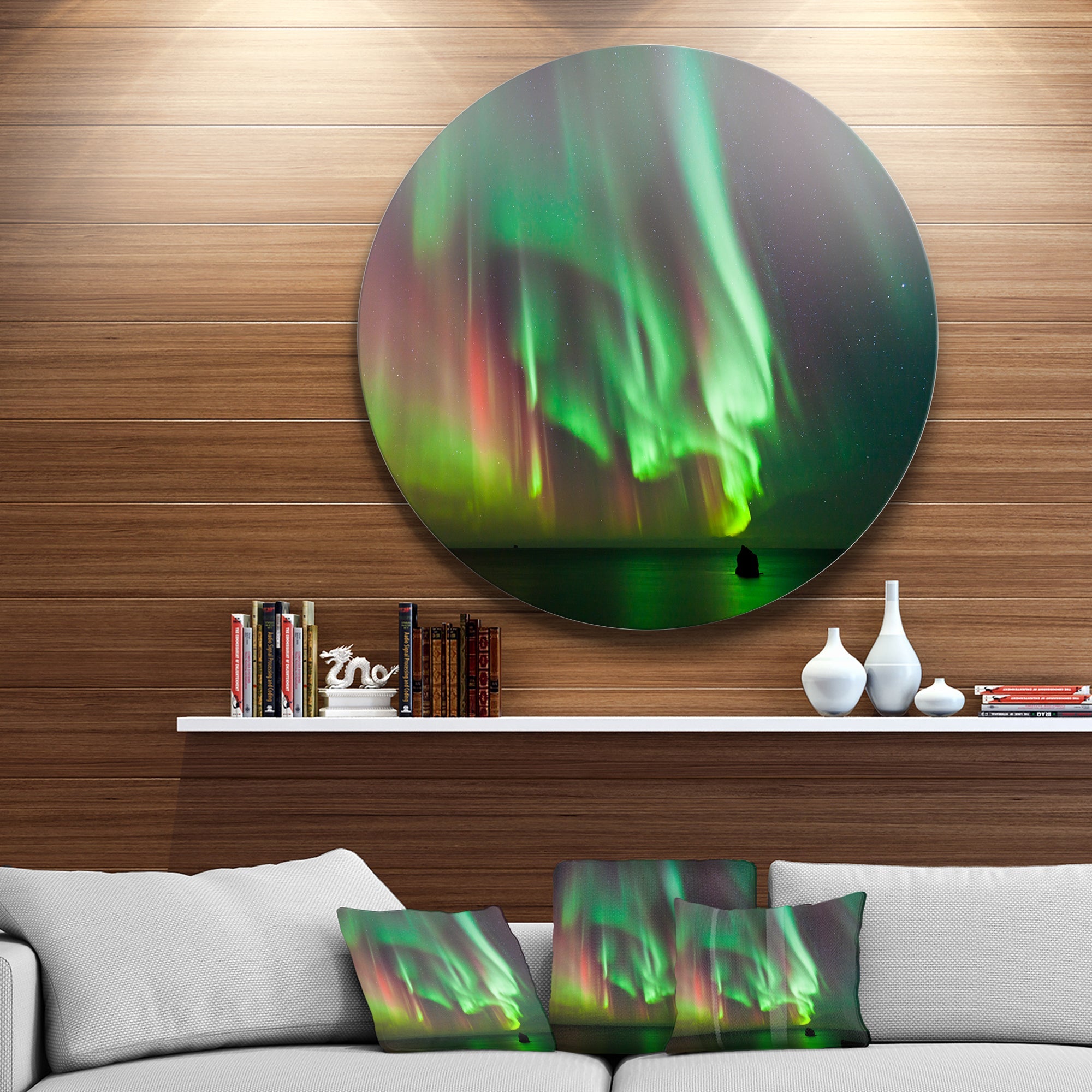 Green Northern Lights Aurora Disc Large Abstract Metal Circle Wall Art