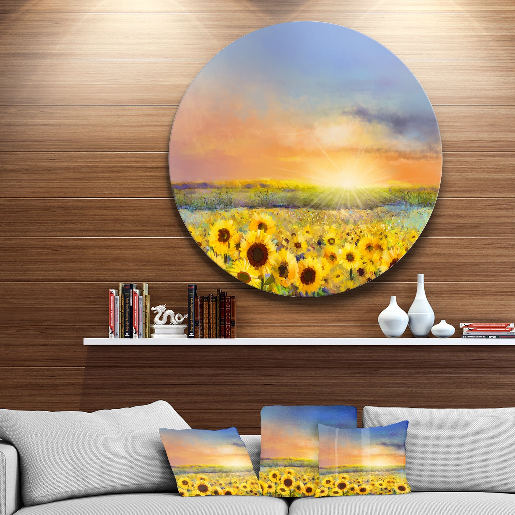Sunset over Golden Sunflower Field Disc Floral Metal Circle Wall Art