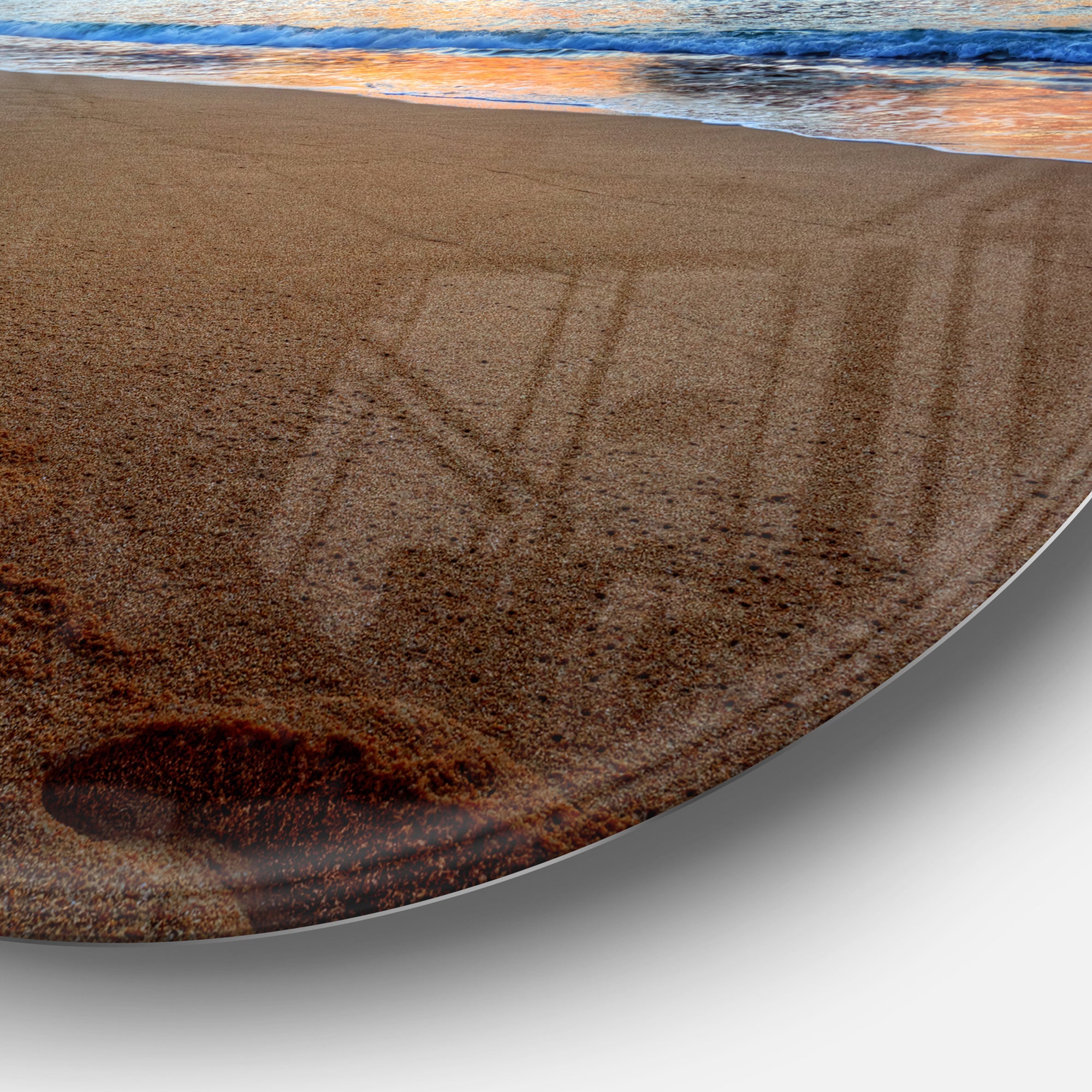 Trodden Sand on Ocean Beach Seashore Photo Metal Circle Wall Art