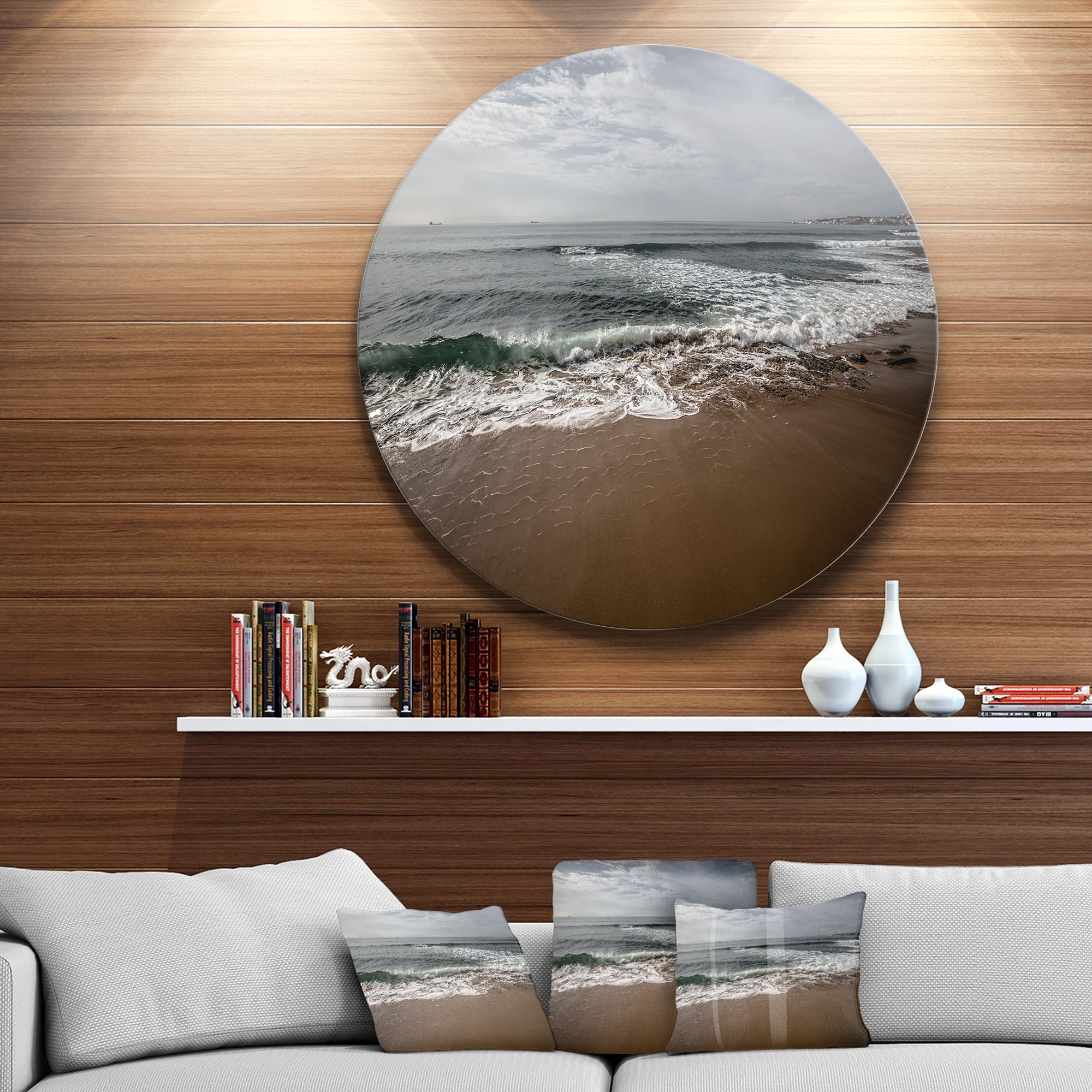Soft Waves of Sea on Sandy Beach Seashore Metal Circle Wall Art