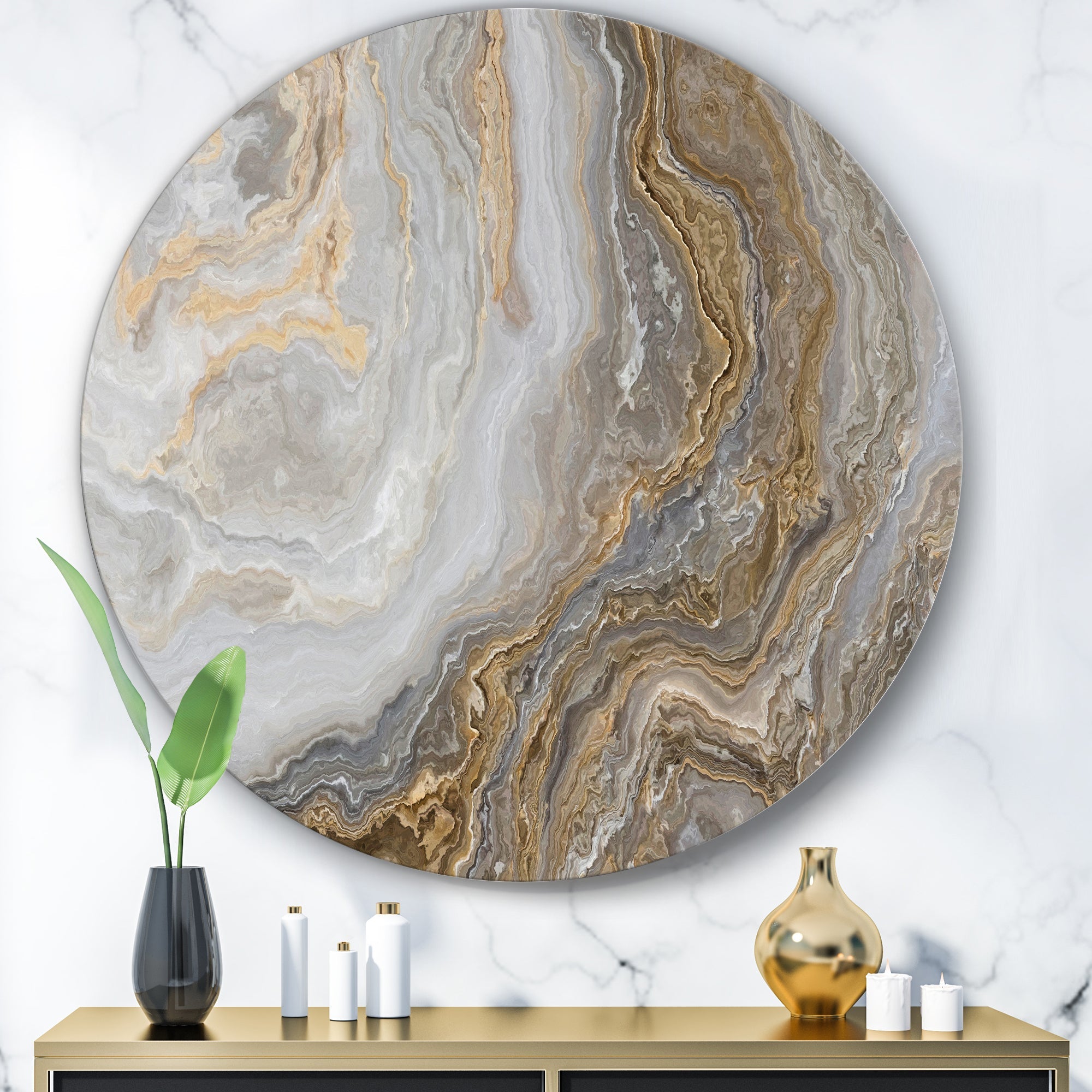White Marble with Curley Grey and Gold Veins Glam Round Circle Metal Wall Decor Panel