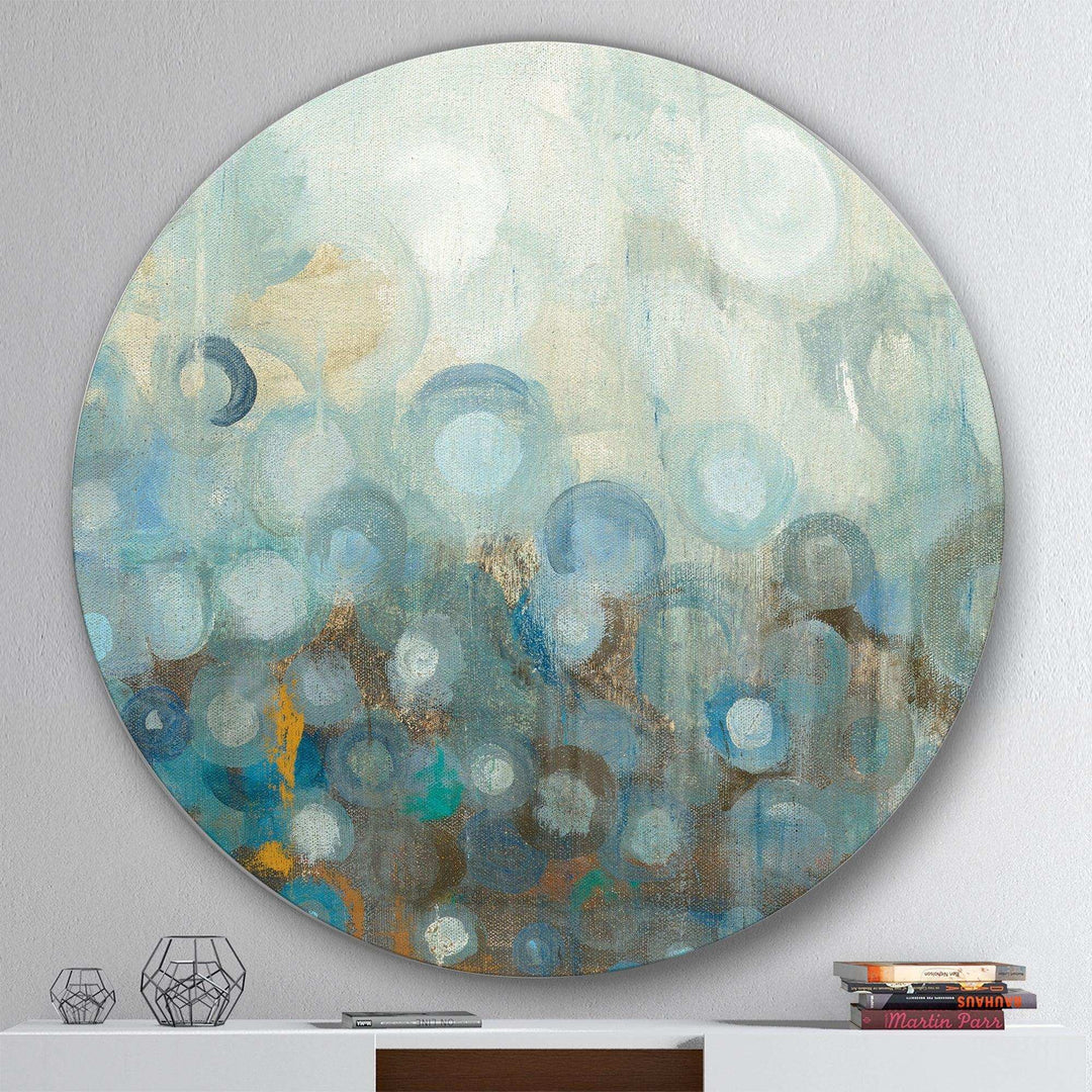 Blue and Bronze Dots on Glass II - Abstract Round Metal Wall Art