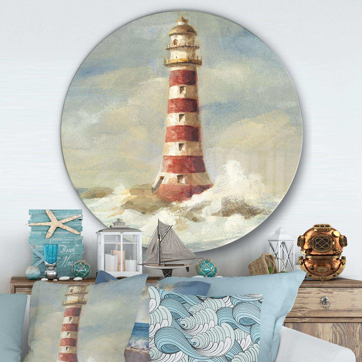 Ocean Lighthouse - Beach Round Metal Wall Art