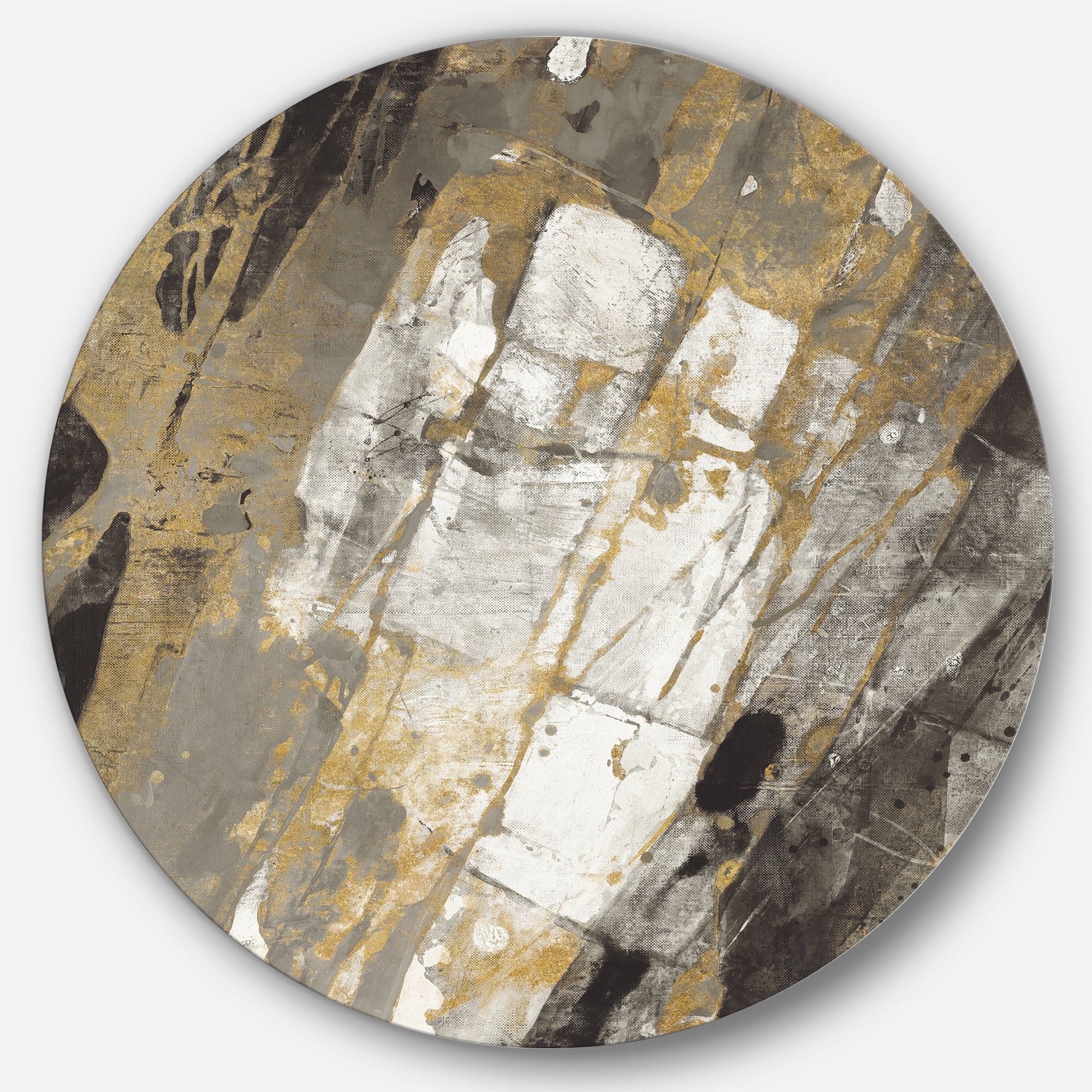 Gold, Black and White Hanpainted Abstract Glam Metal Circle Wall Art
