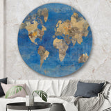Golden Blue World Map Traditional Metal Circle Wall Art