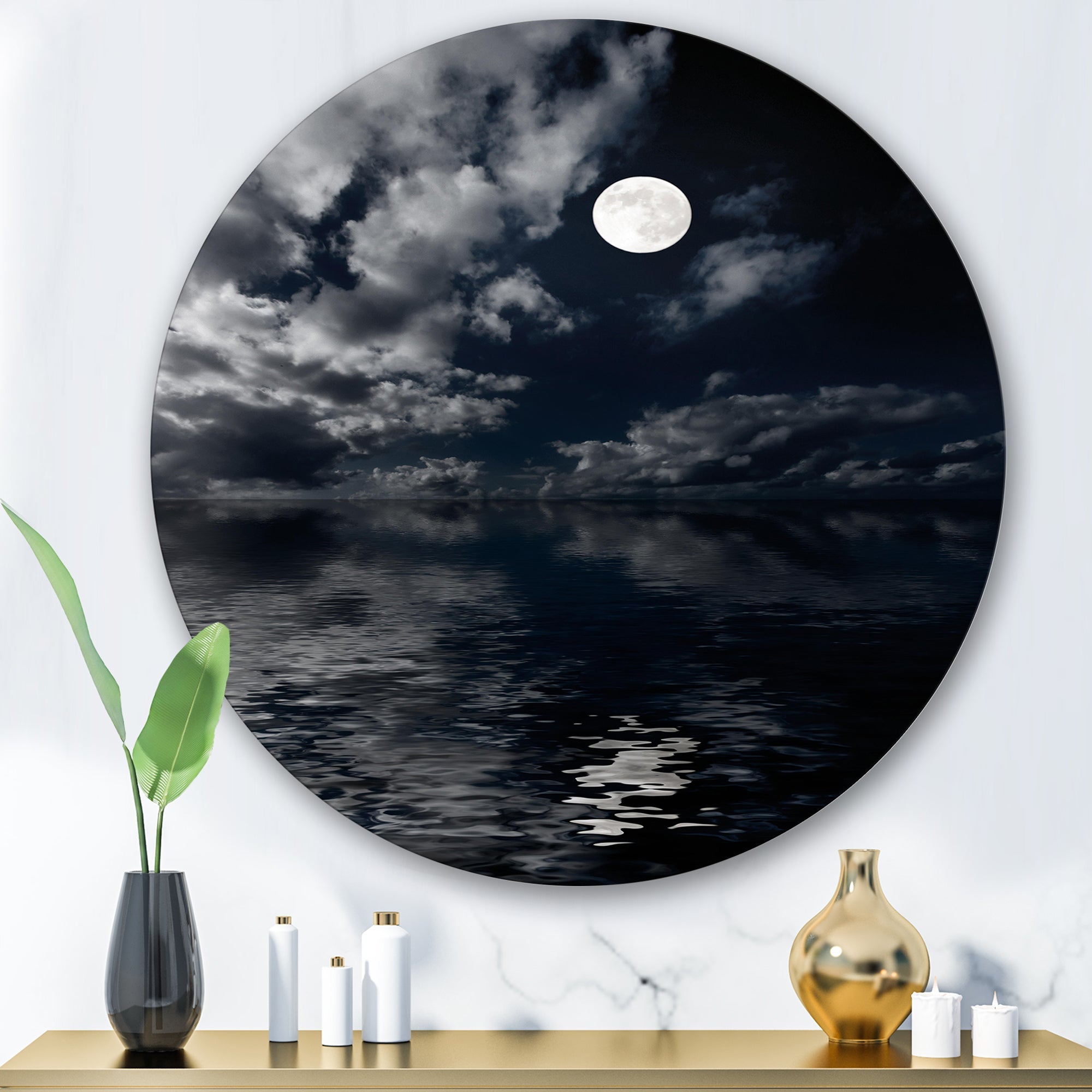 Full Moon In Cloudy Night Sky IV Nautical & Coastal Metal Circle Wall Art