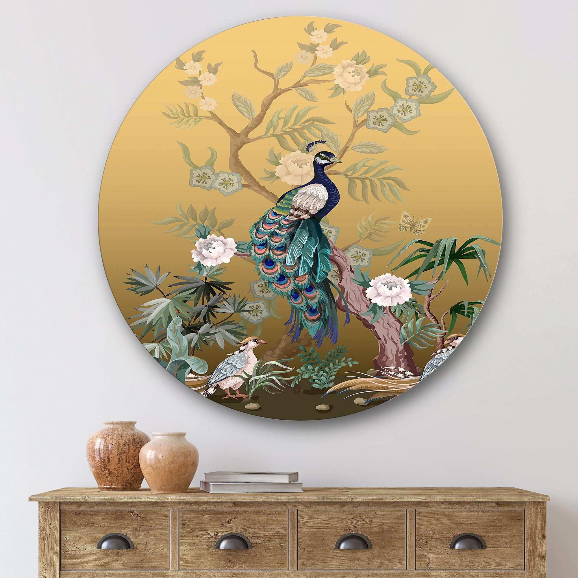 Chinoiserie With Birds and Peonies VI Traditional Metal Circle Wall Art