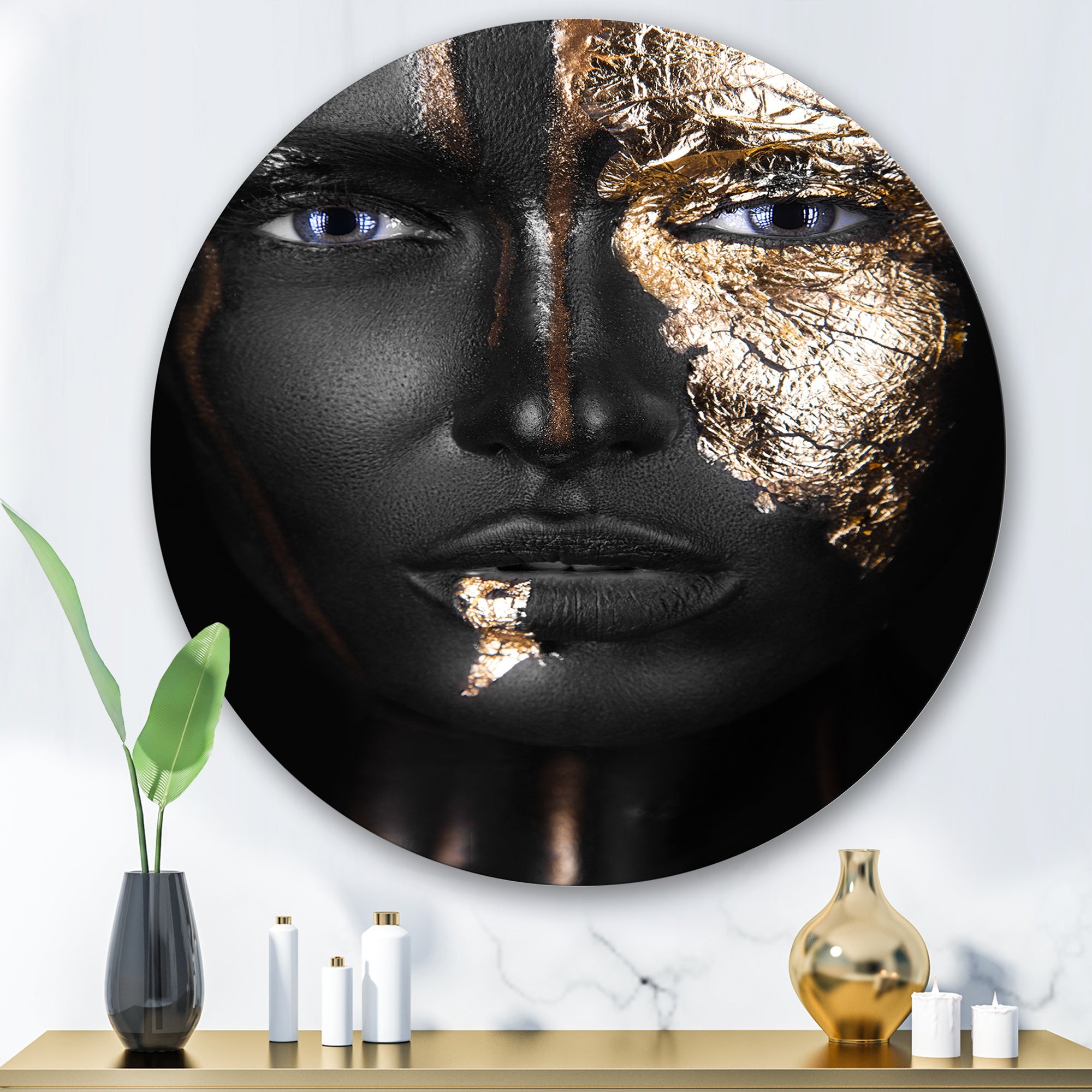 Portrait of A Afro American Girl with Gold Makeup Modern Metal Circle Wall Art
