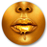 Gold Paint Drips From Sexy Woman Lips Modern Metal Circle Wall Art