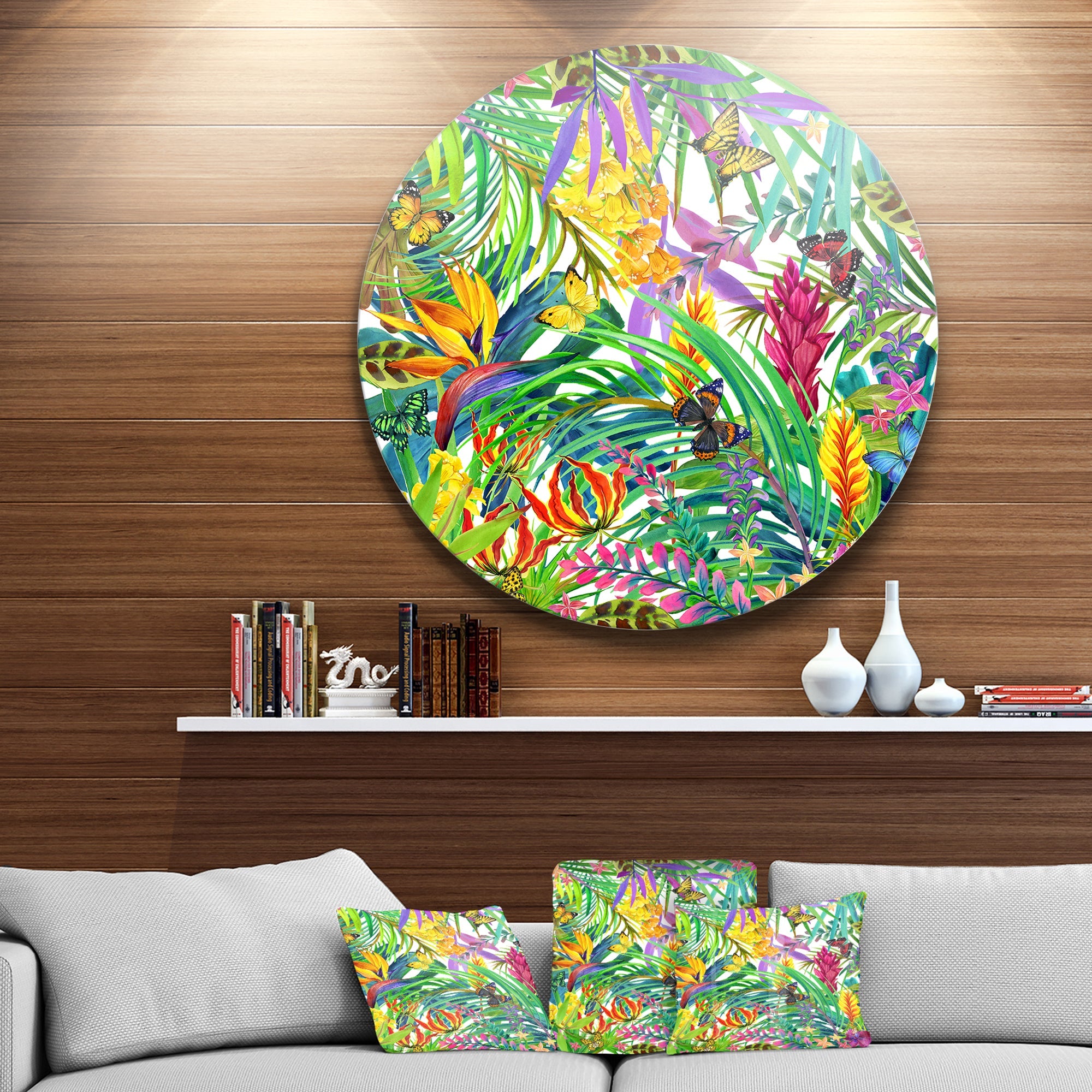 Tropical Leaves and Flowers Floral Metal Circle Wall Art