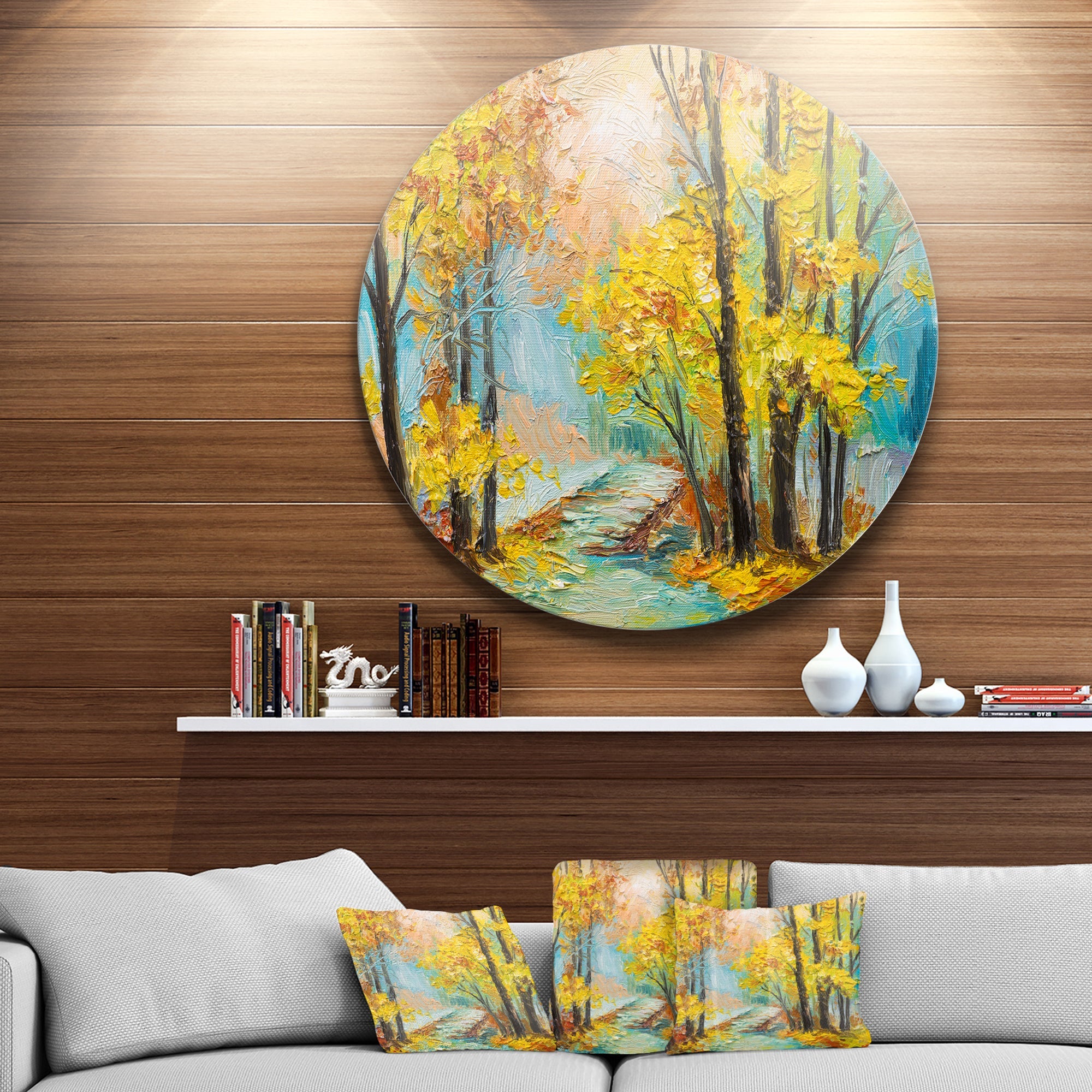 Yellow Falling Forest Landscape Metal Circle Wall Art
