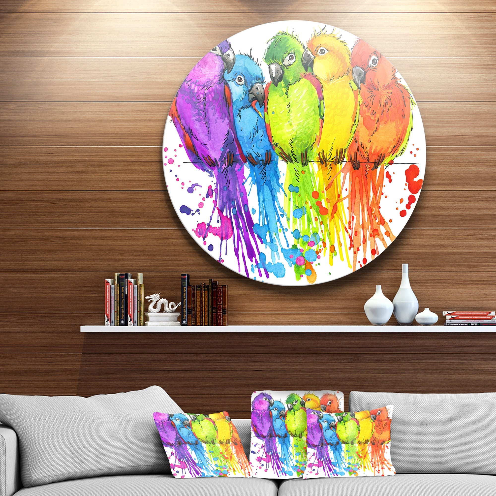 Colorful Parrots Illustration Animal Metal Circle Wall Art