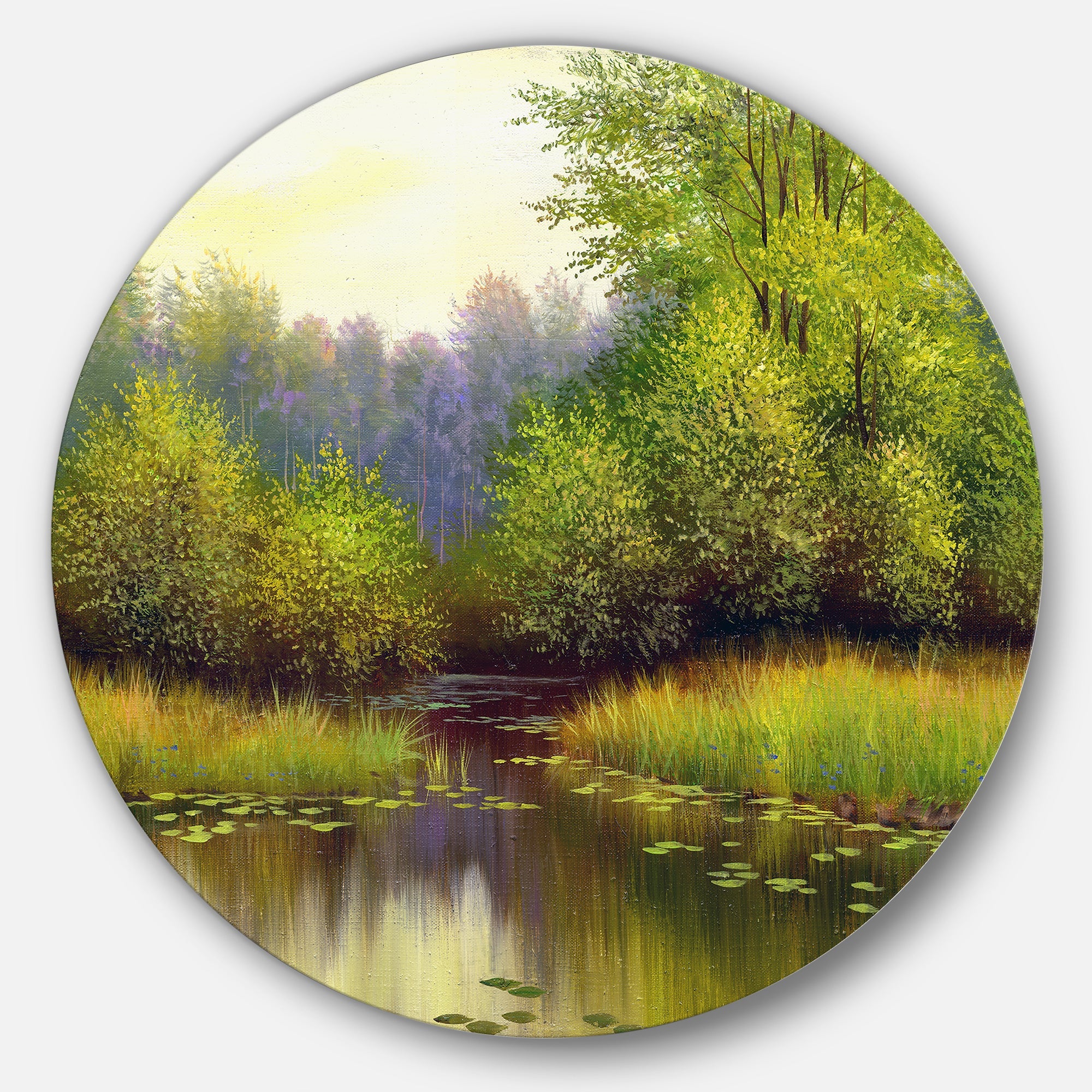 Green Summer with River Landscape Circle Metal Wall Art