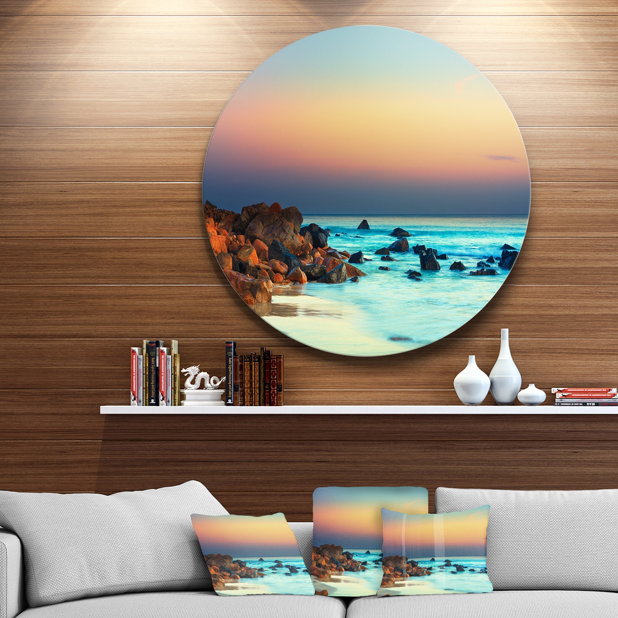 Sunset Over Blue Sky Disc Seascape Photography Circle Metal Wall Art