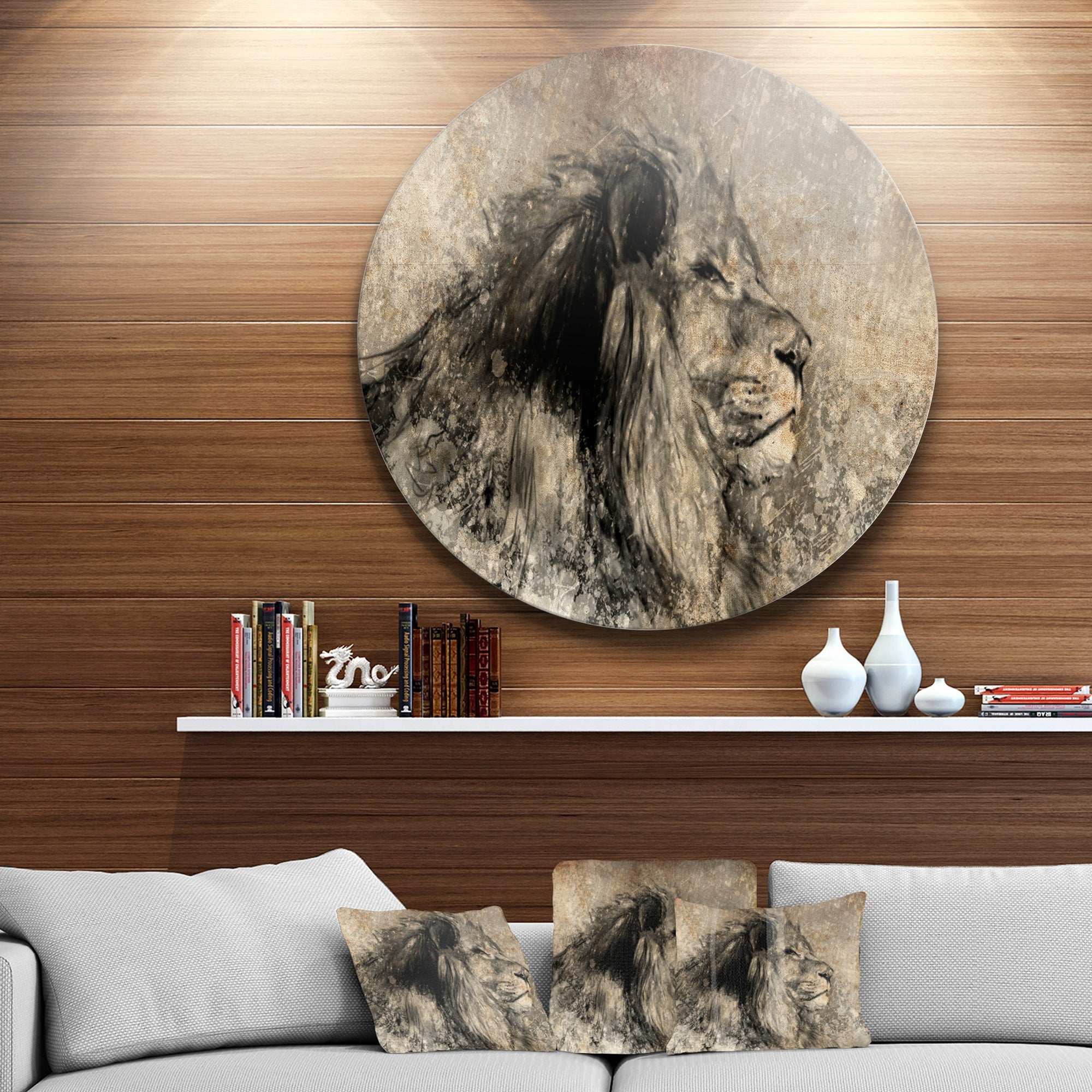 Lion in Sepia Disc Animal Circle Metal Wall Art