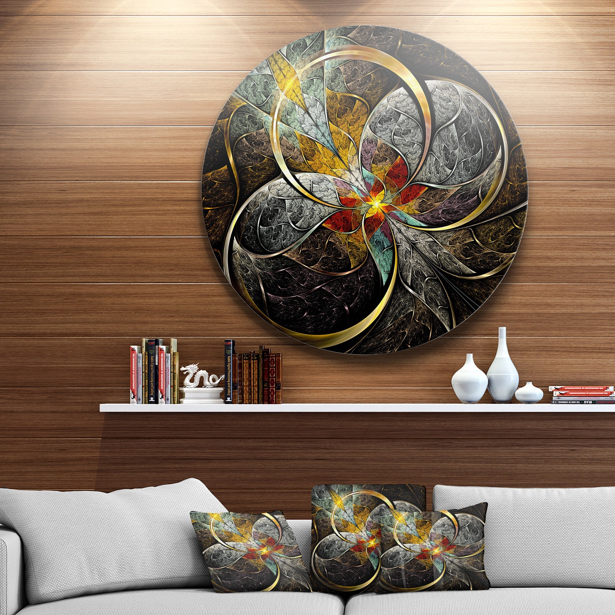 Symmetrical Brown Fractal Flowers Disc Large Contemporary Circle Metal Wall Arts