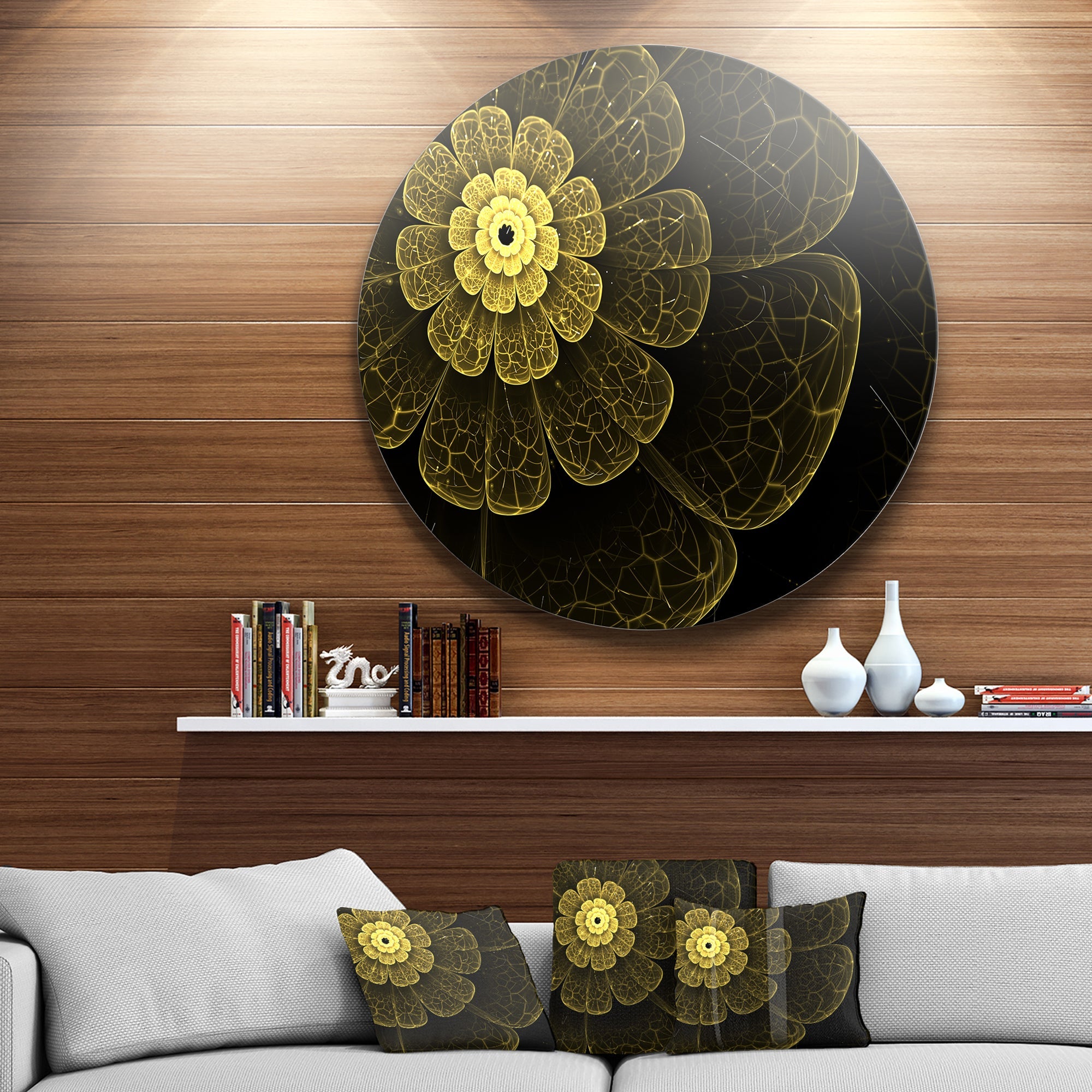 Light Yellow Metallic Fabric Flower Disc Large Contemporary Circle Metal Wall Arts
