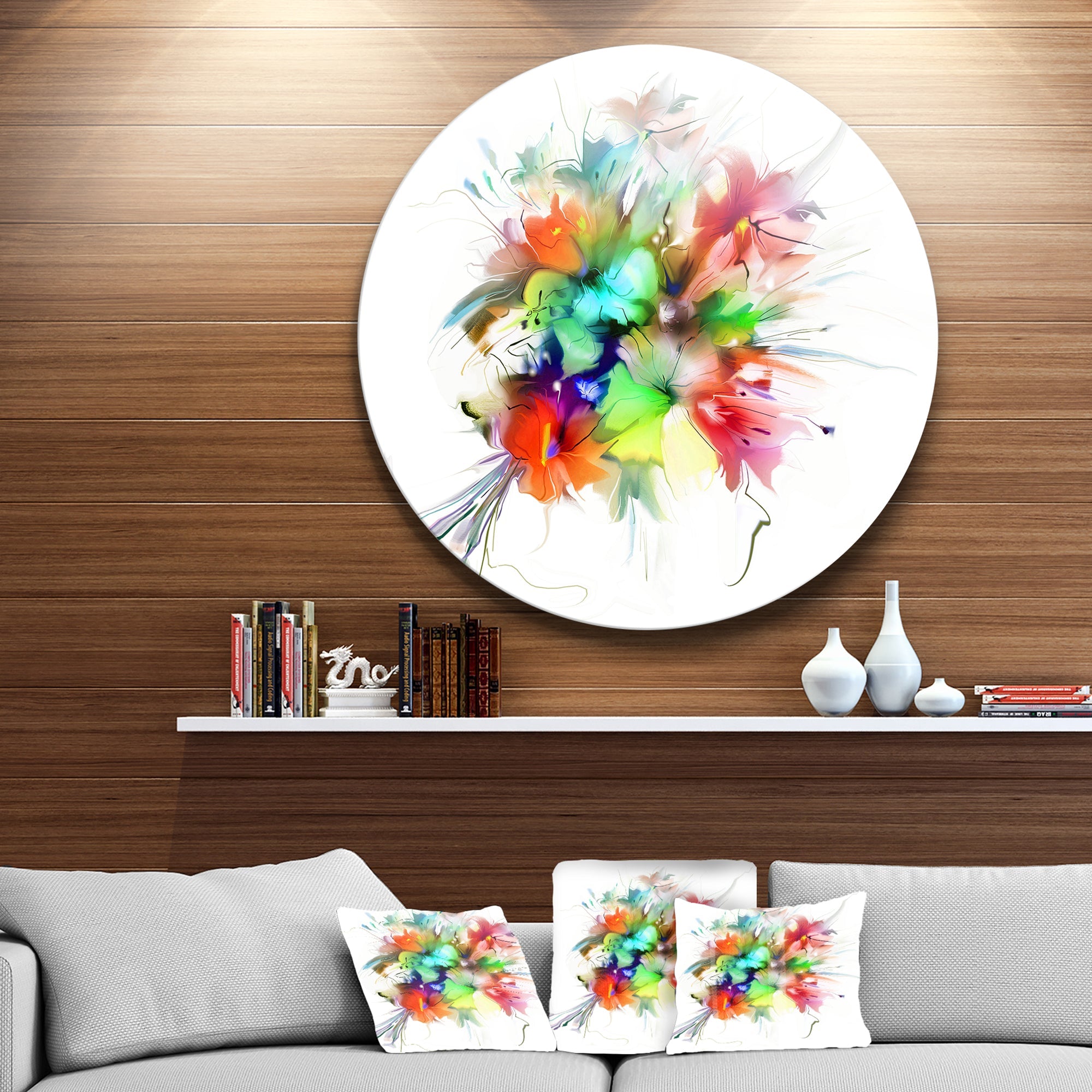 Summer Flowers in Different Colors Disc Floral Circle Metal Wall Art