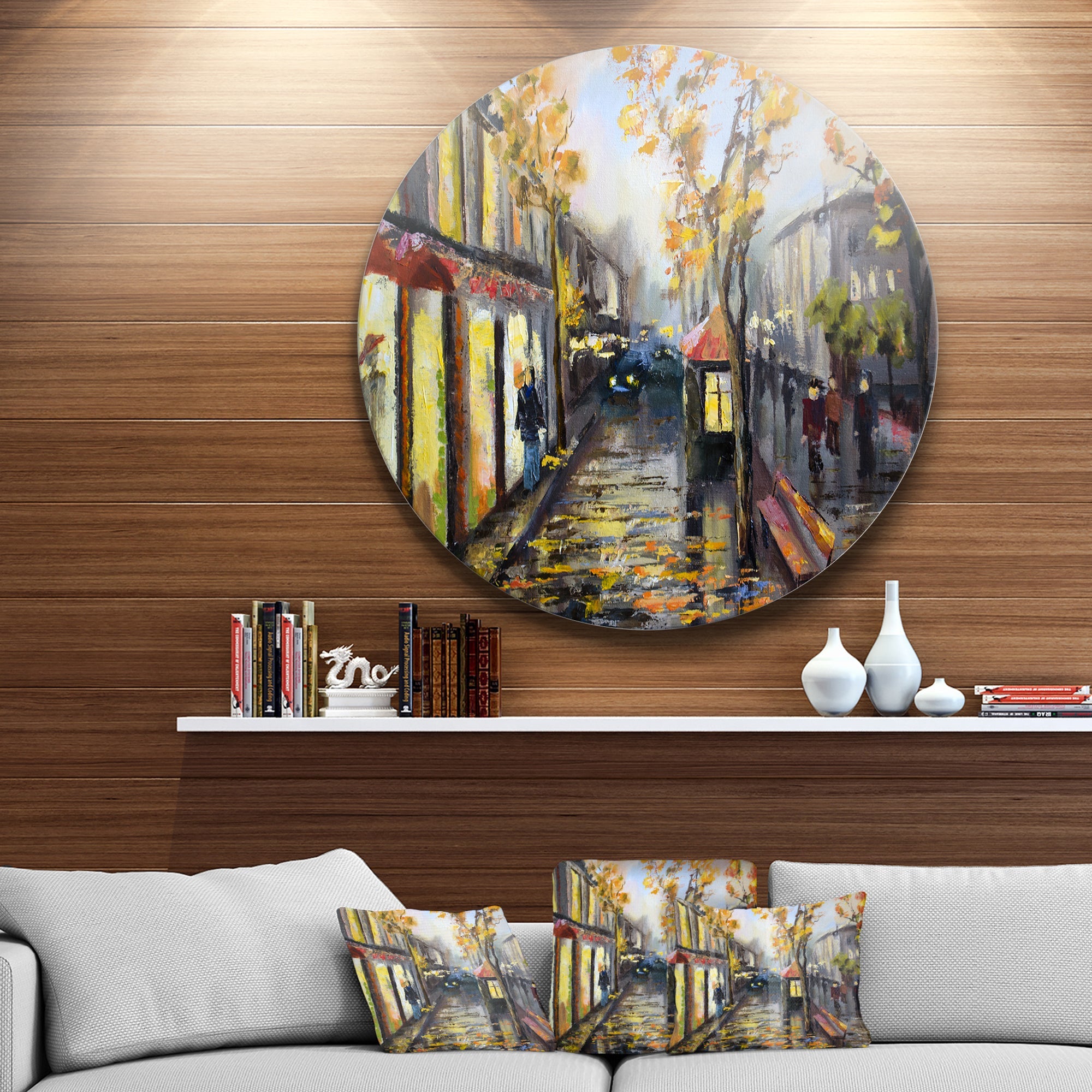 City in Yellow Shade Disc Cityscape Circle Metal Wall Art