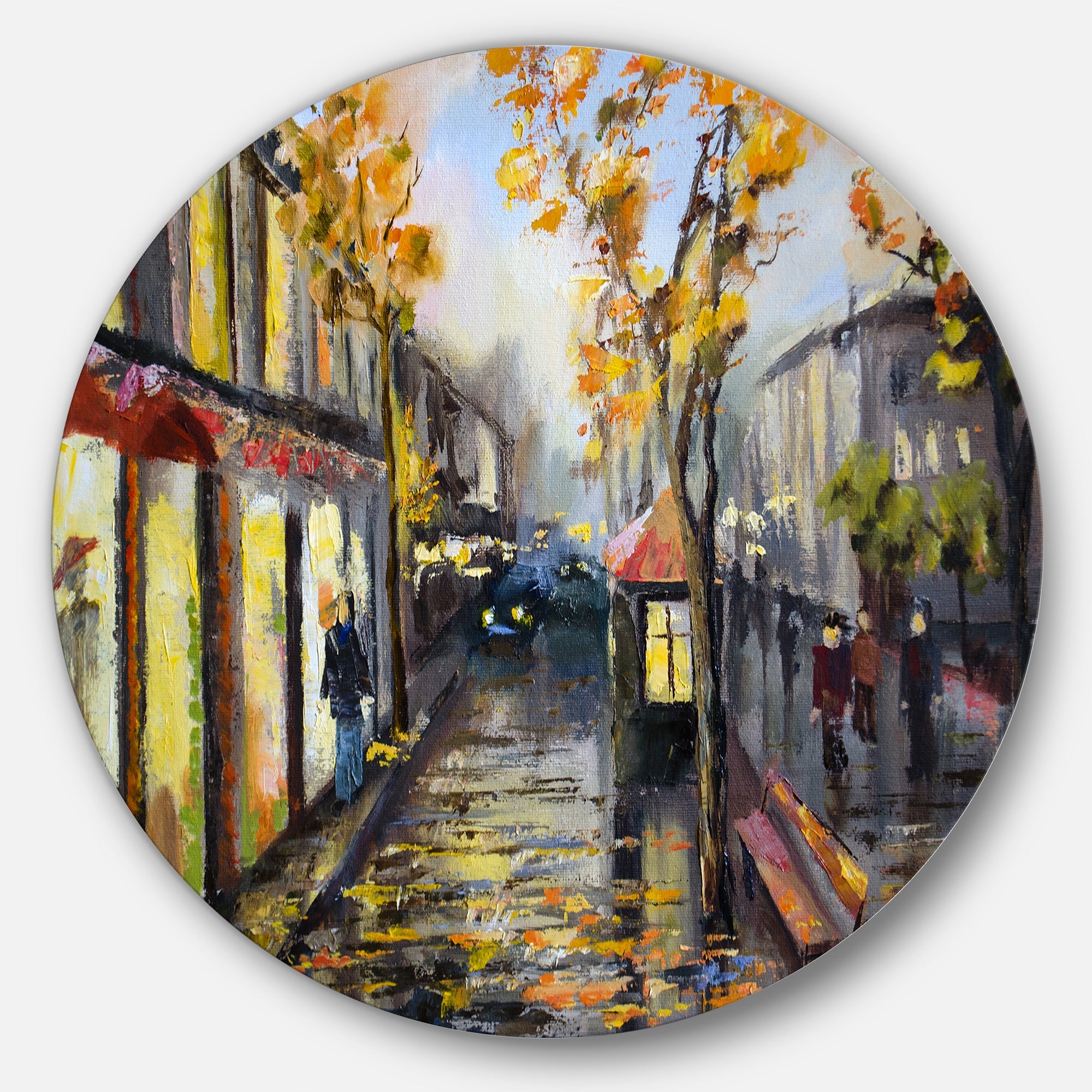 City in Yellow Shade Disc Cityscape Circle Metal Wall Art