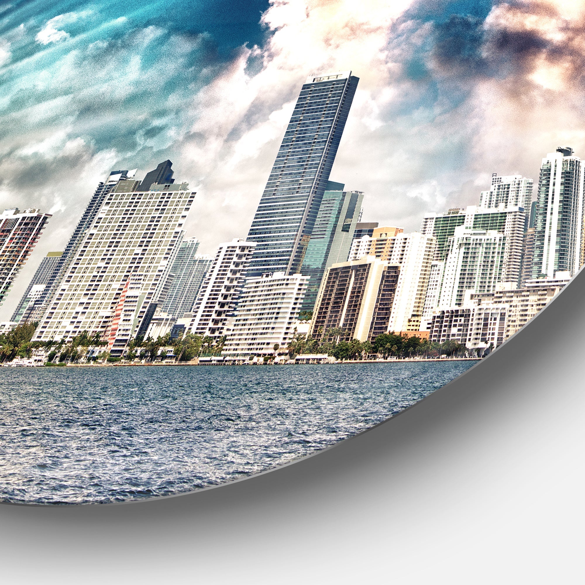 Miami Skyline with Clouds Disc Cityscape Photo Circle Metal Wall Art