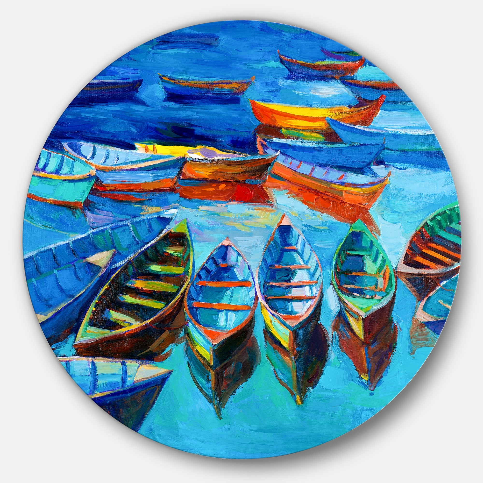 Boats in Blue Sea Seascape Circle Metal Wall Art