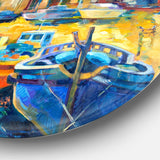 Wharf and Boats Seascape Circle Metal Wall Art