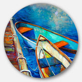 Boats and Pier in Blue Shade Seascape Circle Metal Wall Art