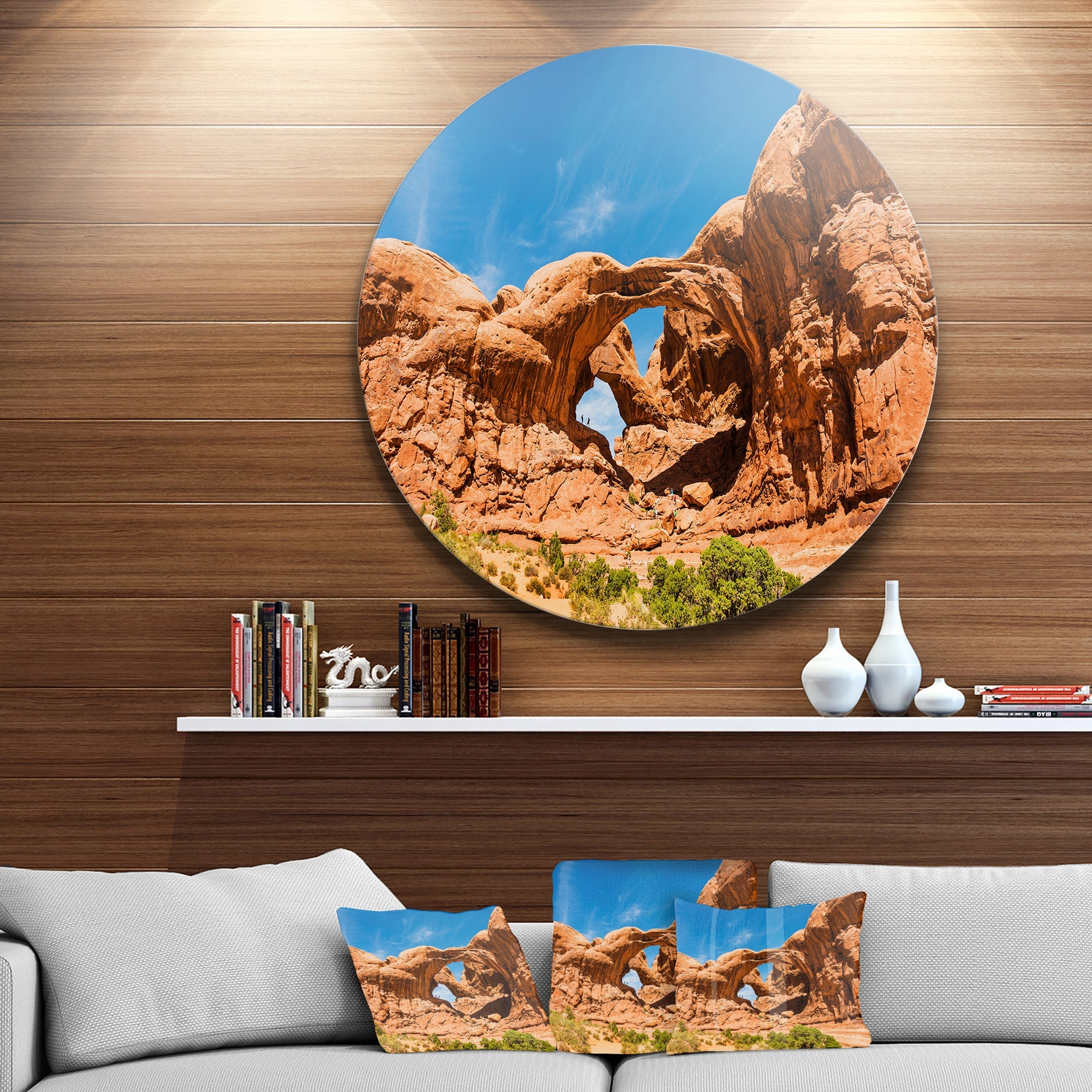 Double Arch in Arches National Park Landscape Photography Circle Metal Wall Art