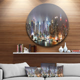 Lit NYC Manhattan Skyline Cityscape Photo Circle Circle Metal Wall Art