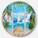 Wooden Terrace with Sea View Landscape Photography Circle Circle Metal Wall Art