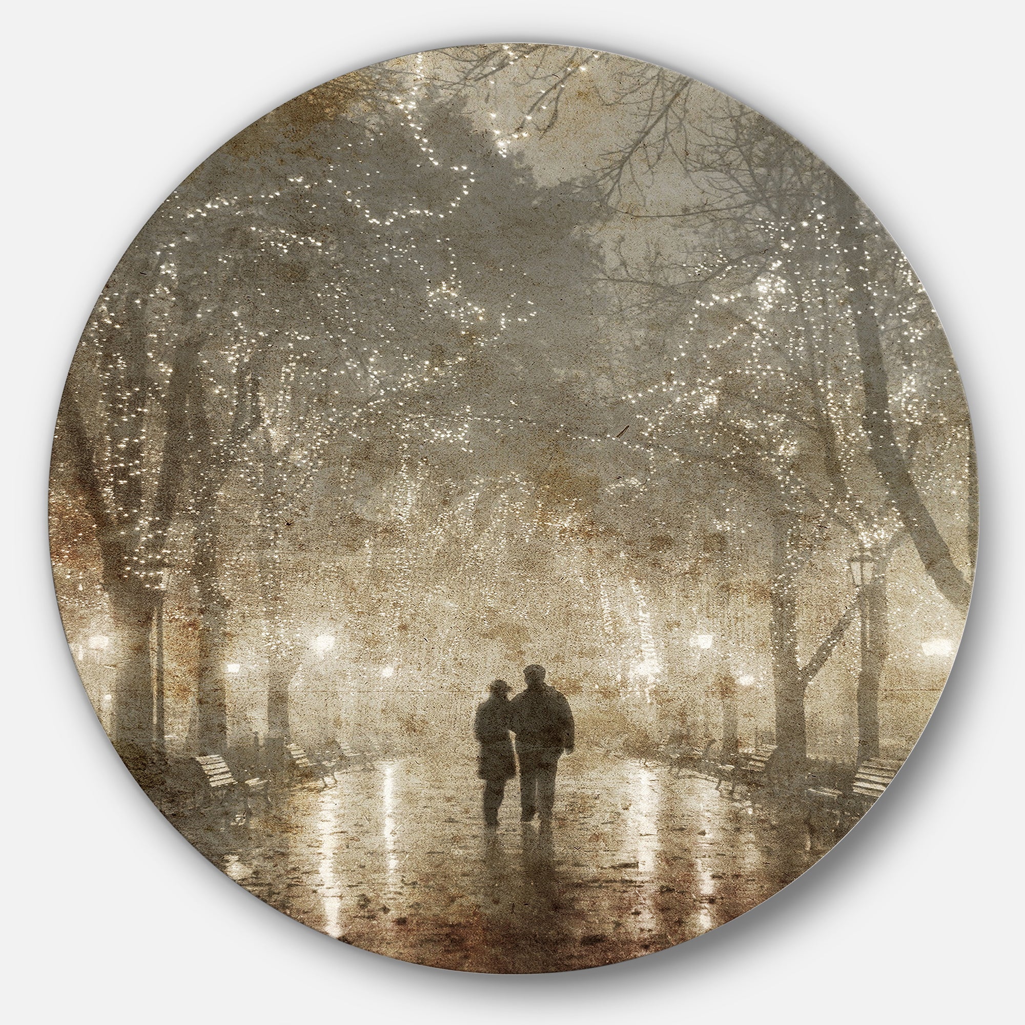 Couple Walking in Night Lights Landscape Photography Circle Circle Metal Wall Art