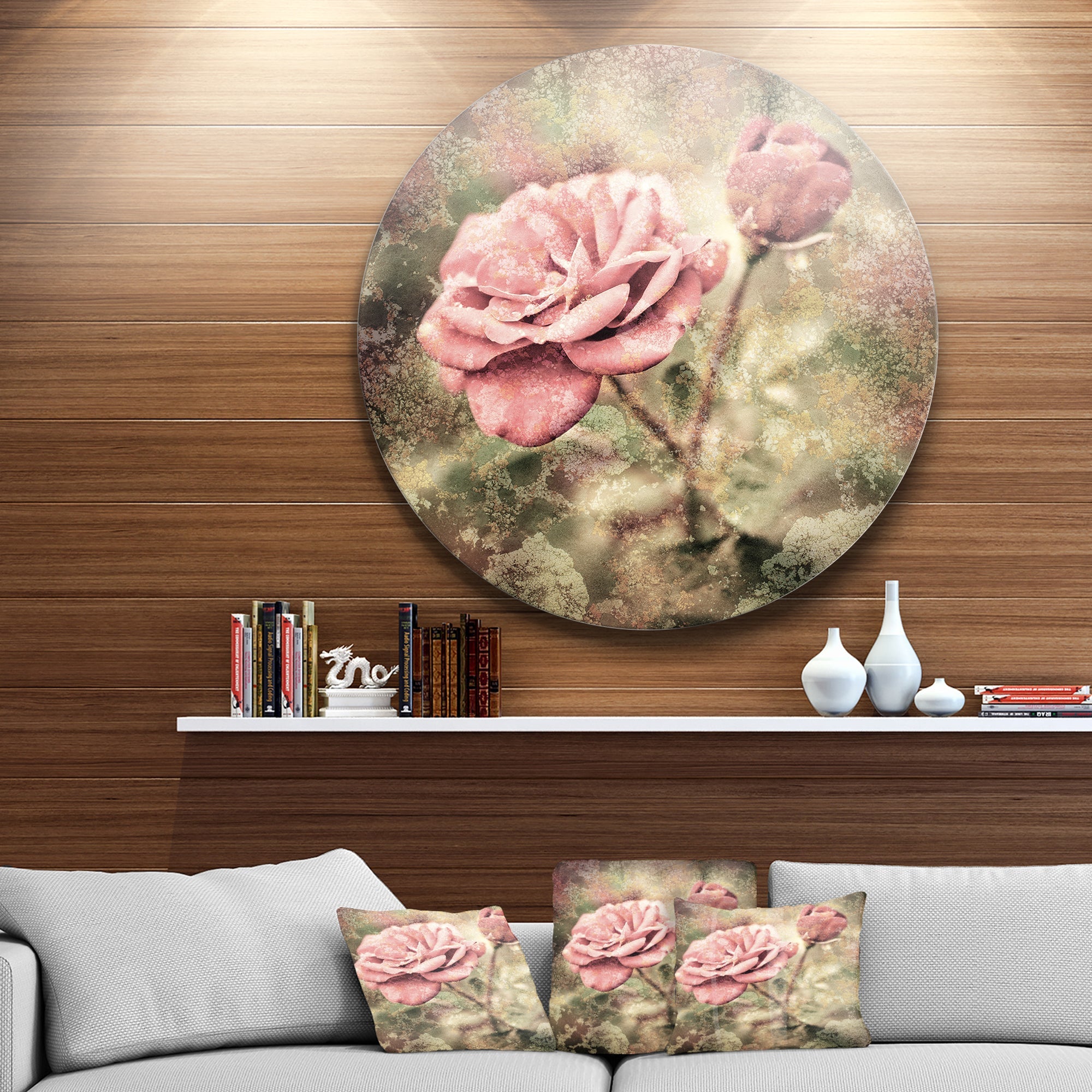 Vintage Pink Roses with Water Drops Floral Circle Metal Wall Art