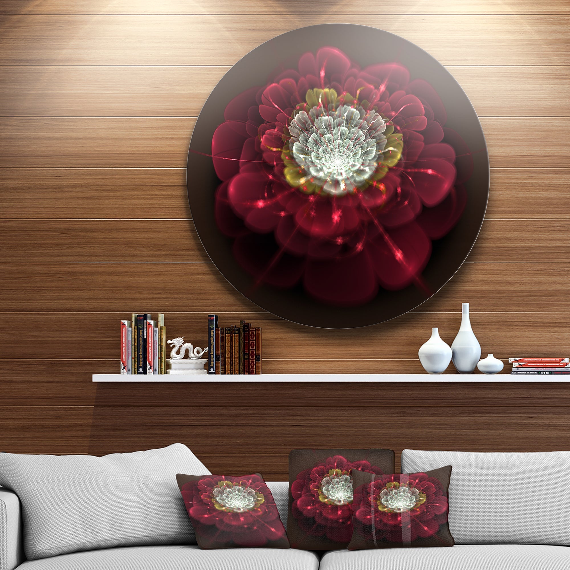 Red Fractal Flower with White Floral Circle Metal Wall Art